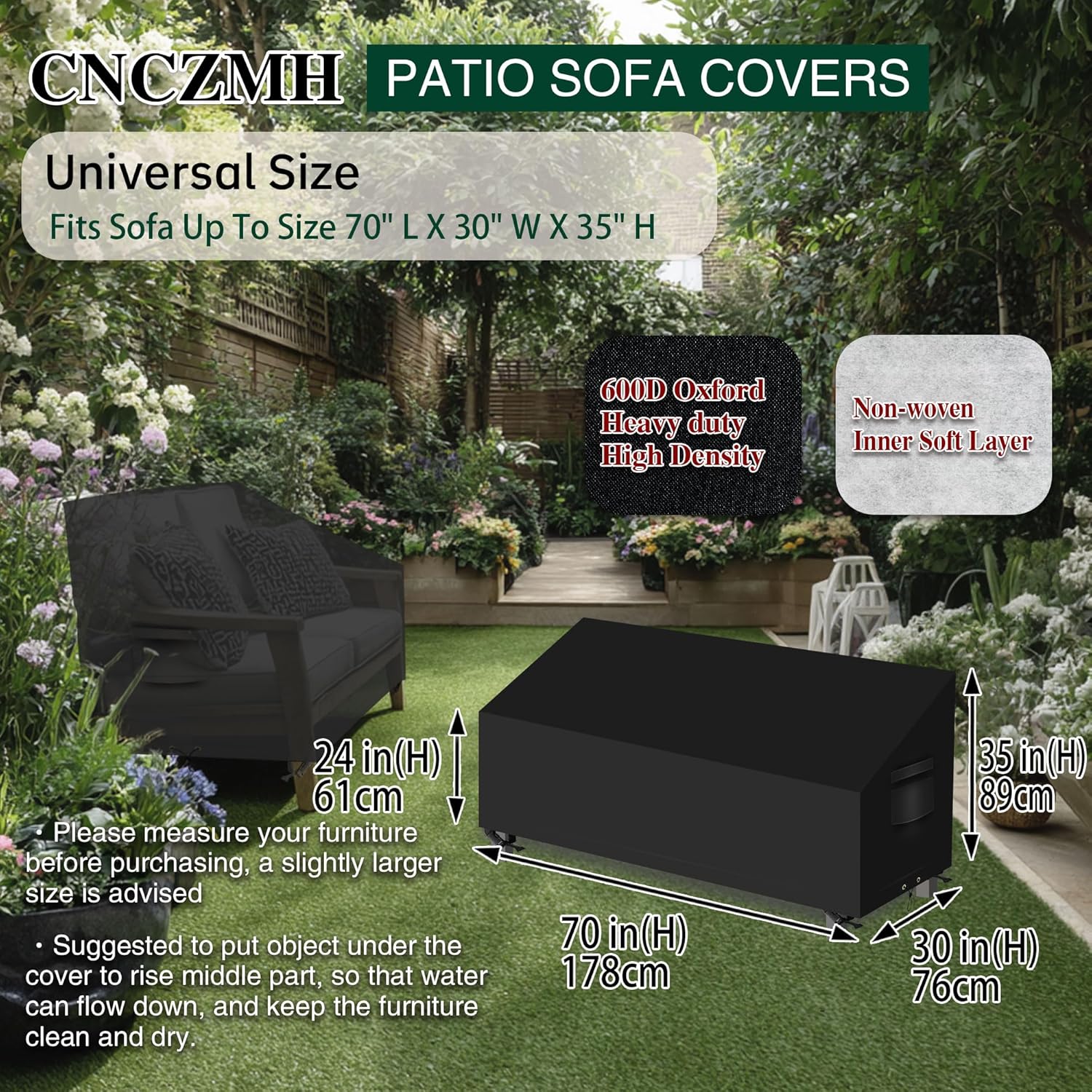 Heavy Duty Patio Sofa Covers Waterproof, Outdoor 3-Seater Couch Cover Waterproof, 600D Outdoor 2-Seater Loveseat Furniture Covers with Air Vent Handle 70''W x 30''D x 24''H/ 35''H Black