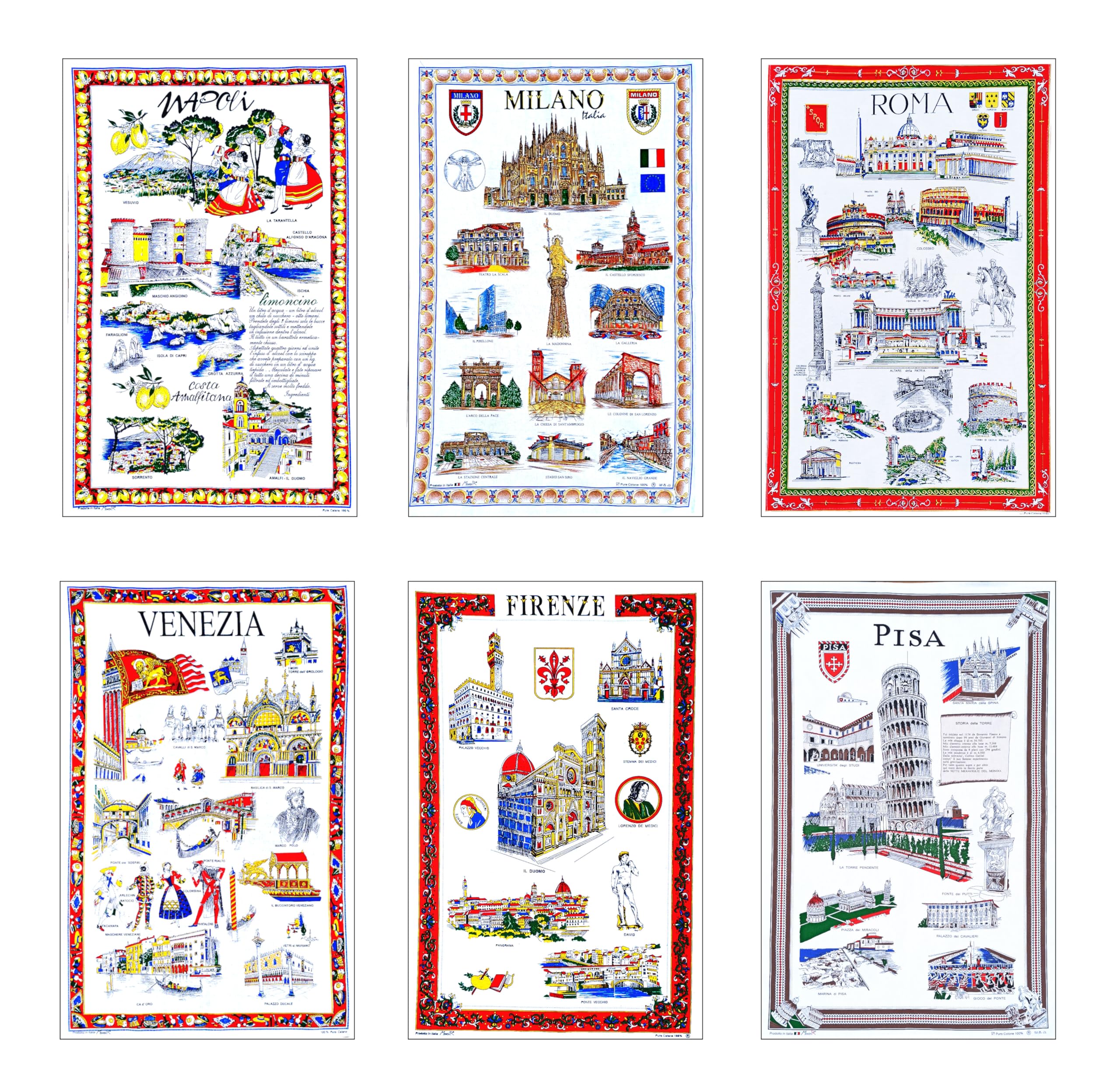 Set 6 Strofinacci Canovacci Souvenir Italiani, Tessuto Tela Cotone, da regalare, Utile in Cucina, asciuga, Made in Italy, città italiane Pisa Firenze Milano Napoli Roma, Eco-friendly, tessuti per casa