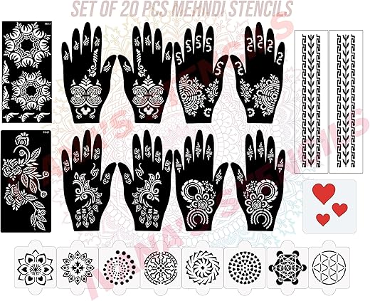 Ivana’s Set of 20 Pcs Combo Pack, Reusable Mehandi Design Sticker Stencils for Both Hand | Mehndi Stencil Sticker | Quick and Easy to Use, for Girls, Women, Kids & Teen, D-2239