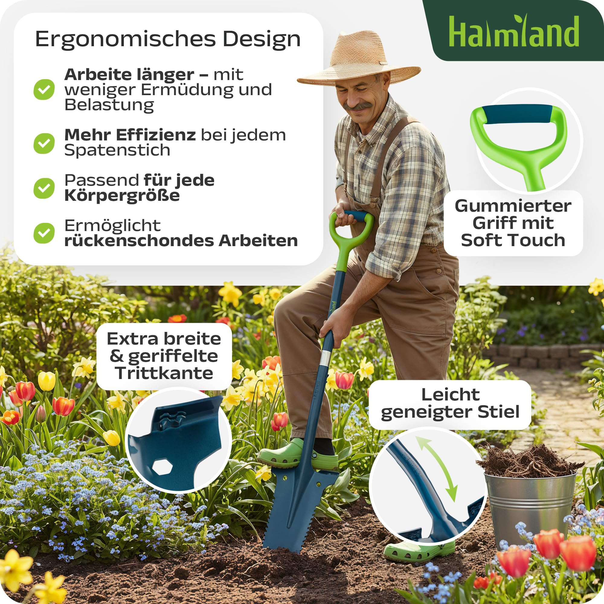 halmland® Profi Wurzelspaten mit Spezialspitze auch für Harte Böden - durchtrennt Wurzeln | Spaten mit Wurzelsäge | robuster Spaten Garten aus Carbonstahl & Fiberglas | Schaufel für Gartenarbeit