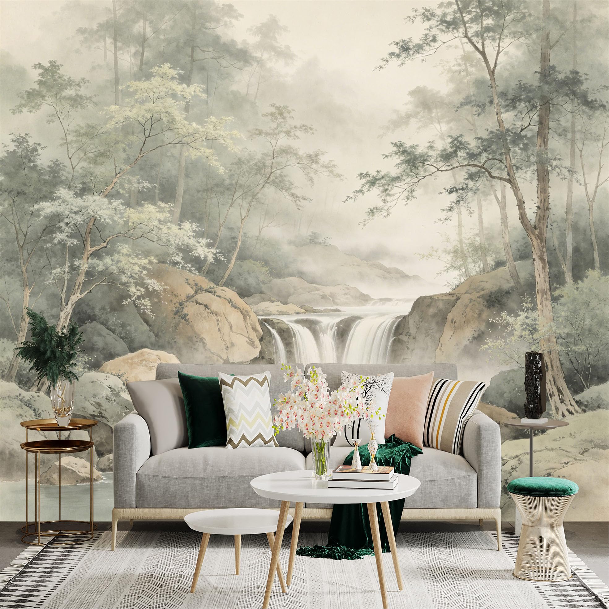 Lnzczhyre Dbh260521525 Custom Size Wall Sticker Mural， Misty Mountain Waterfall， Tranquil Forest Stream， Serene Nature Landscape， Soft Watercolor Style， For Wall Decoration， Peelandstick Wall Decals.