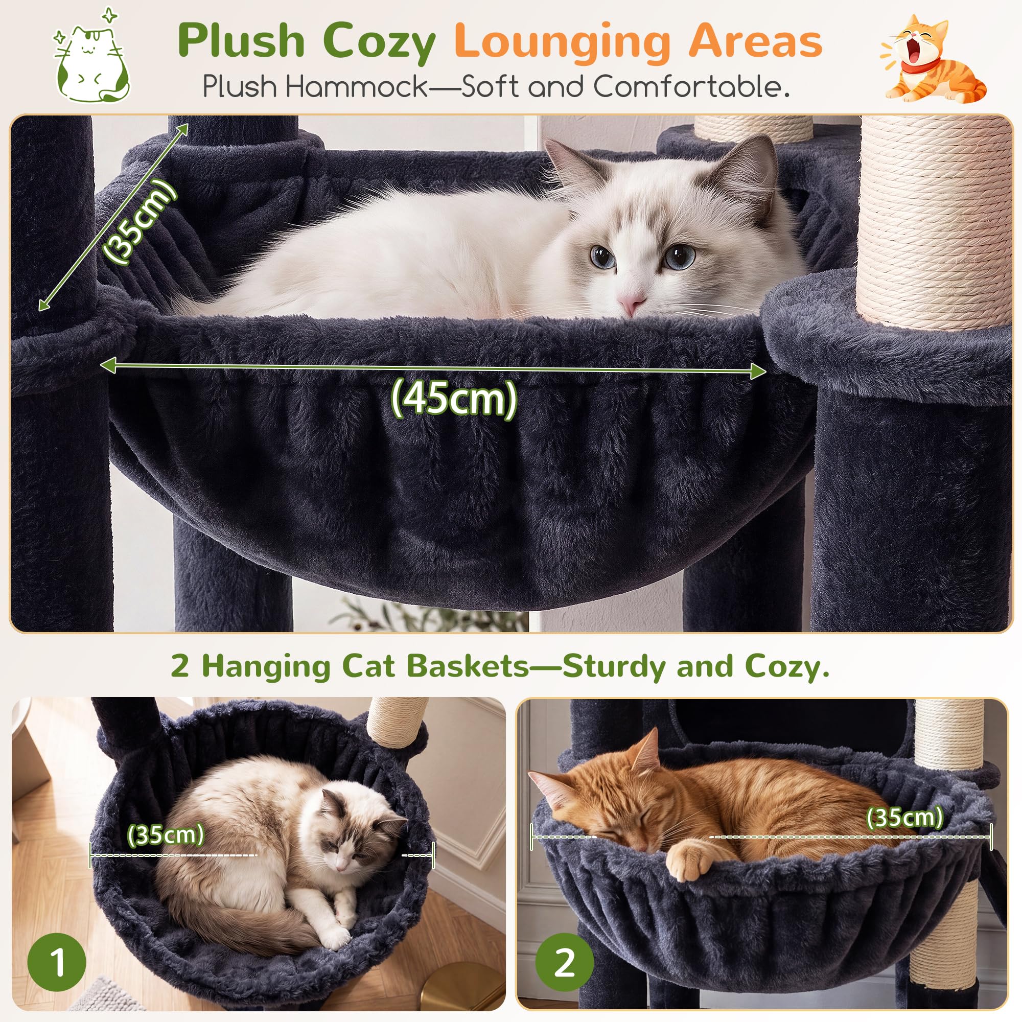 Globlazer Árbol Rascador XXL 209 cm para 2/3/4 Grande Gatos Interiores F82C | Estabilizar Árboles de actividades para gatos con Hamaca Rampa de sisal para Gatitos Gatos adultos Gatos mayores