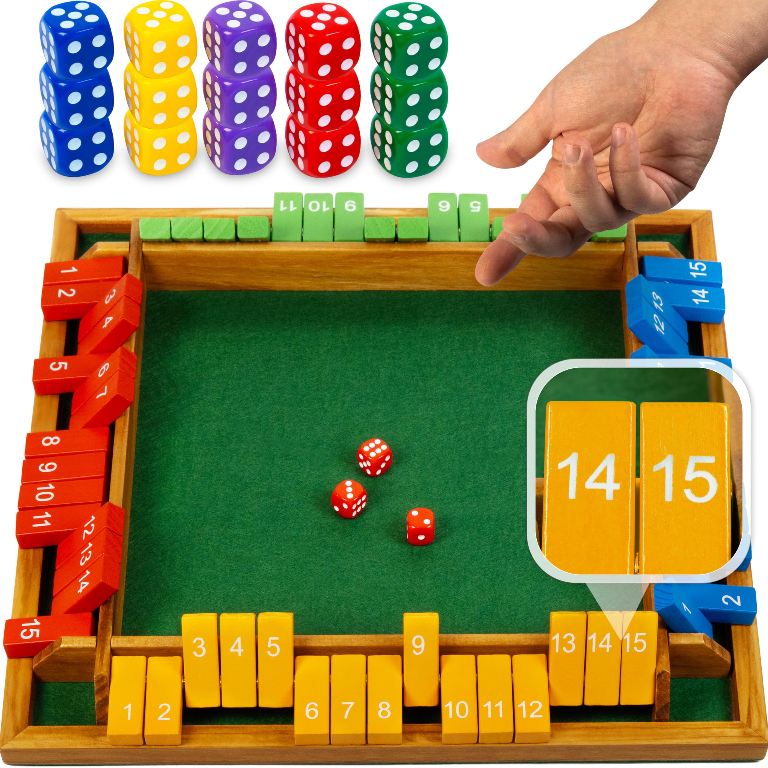 Shut The Box Game Wooden Board for 4 Players – 15 Numbers Shut The Box Game – Classic Shut The Box Dice Game for Adults & Kids – Family Board Game