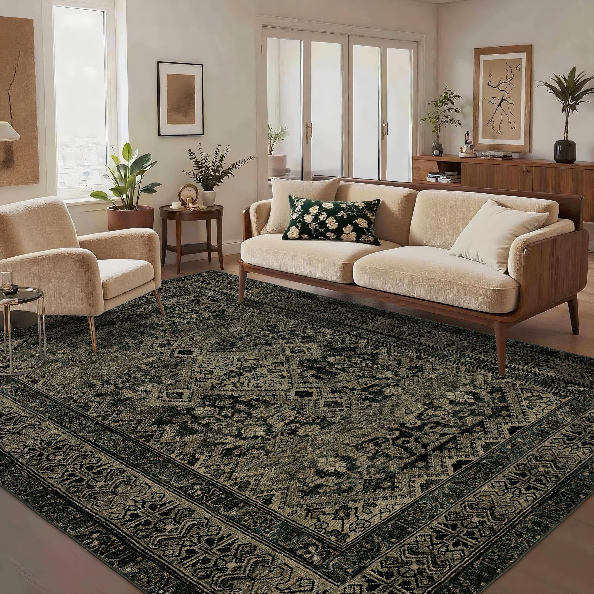 Boho Washable Rug for Living Room: Vintage 5x7 Area Rugs for Bedroom Soft Non Slip - Thin Stain Resistant Carpet for Dining Room Indoor - Dark Green