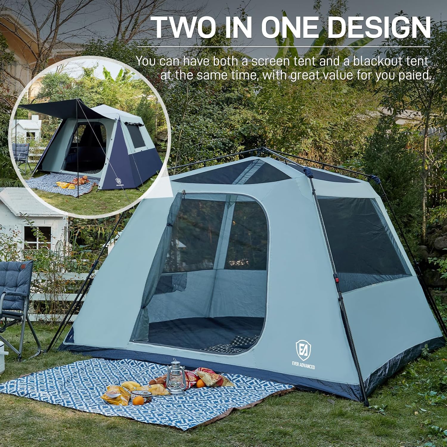 EVER ADVANCED Blackout 6 Person Camping Tent, Instant Cabin Tent for Family with Vestibule and Large Mesh Windows, 60s Easy Setup, Double Layer, Water-Resistant