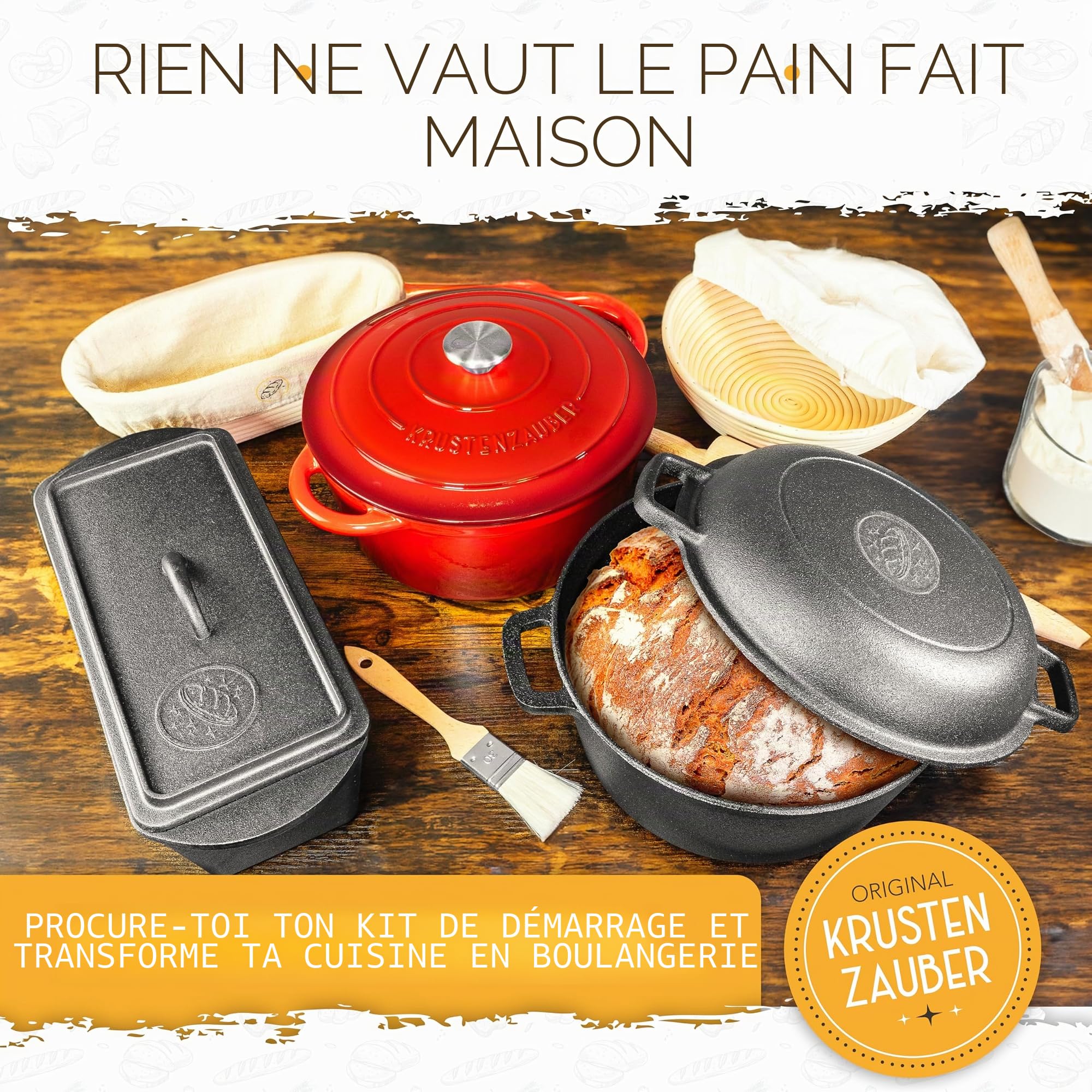 KRUSTENZAUBER Kit de démarrage de levain - Pot de fermentation 600 ml avec spatule et thermomètre - Accessoires pour cuisson du pain, verre de levain, fermentation, kit de démarrage de levain