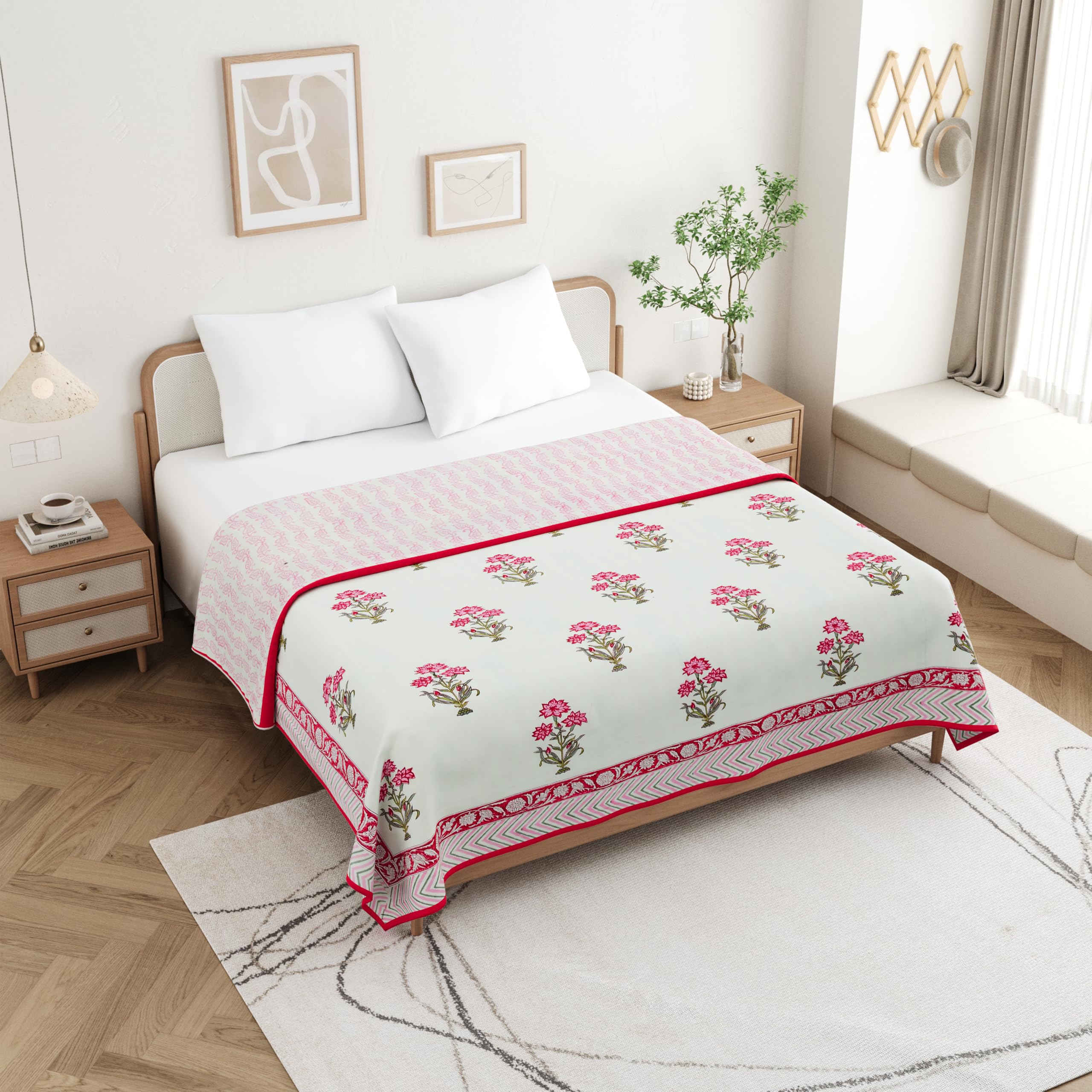 Hand Block Printed Cotton Dohar Blanket - Pink Rose -13 Hand Block Printed Cotton Dohar Blanket - Pink Rose -13