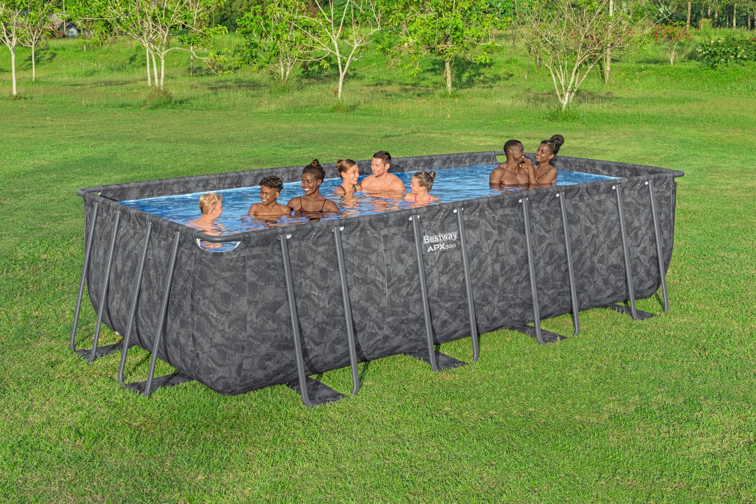 Bestway APX365 Winterfestes Frame Pool Set, Sandfilteranlage, 549 x 274 x 132 cm, 16.477 L, Stahlrahmen, Polar-Shield, Dunkle Marmor-Optik, Sicherheitsleiter, Abdeckplane, Werkzeugloser Aufbau, DEKRA