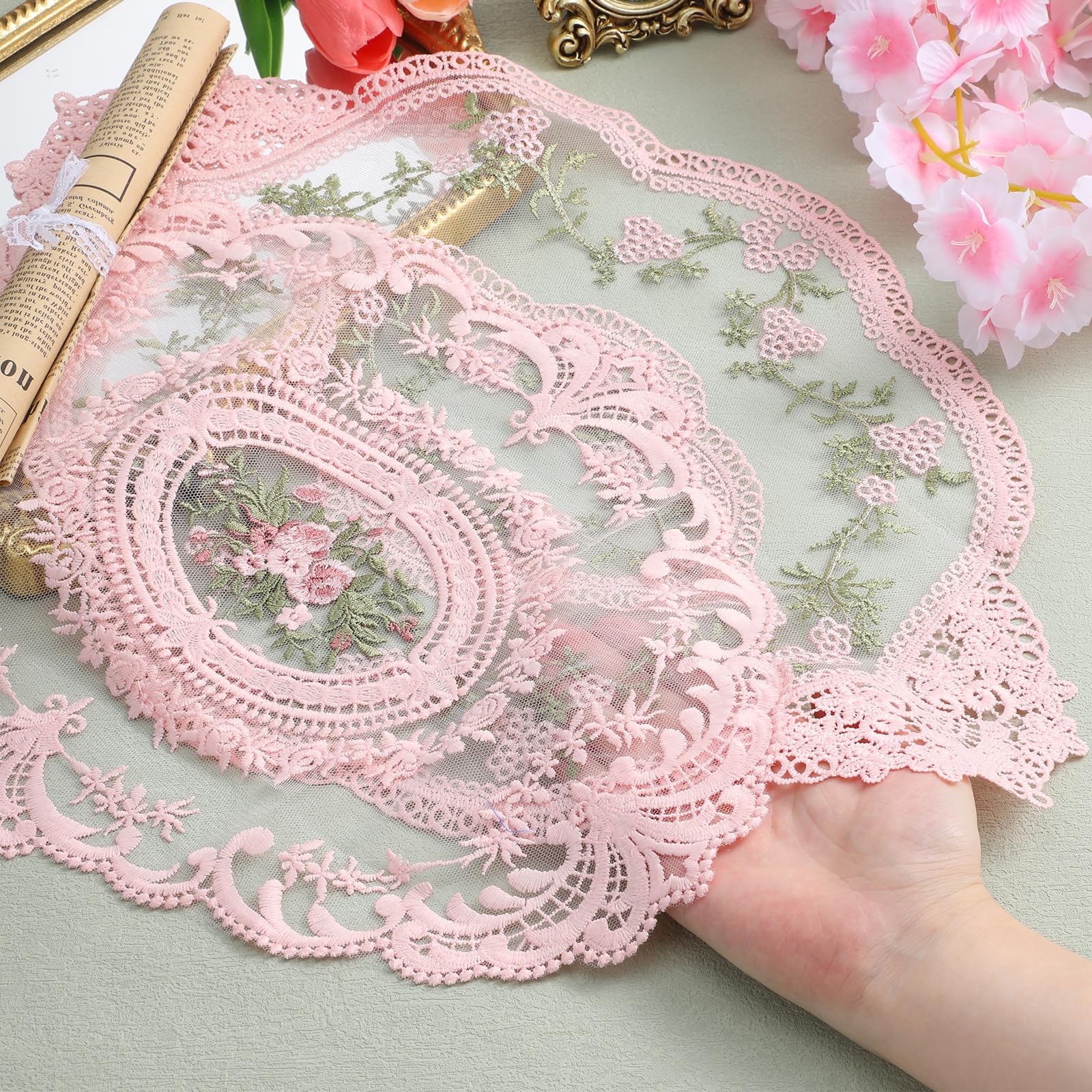 Photo 1 of 2 Pcs Retro Lace Placemats 12''x16'' Lace Doilies for Tables French Crochet Doilies Pink Oval Place Mats Cup Mat Handmade Embroidered Table Mats for Wedding Home Decor