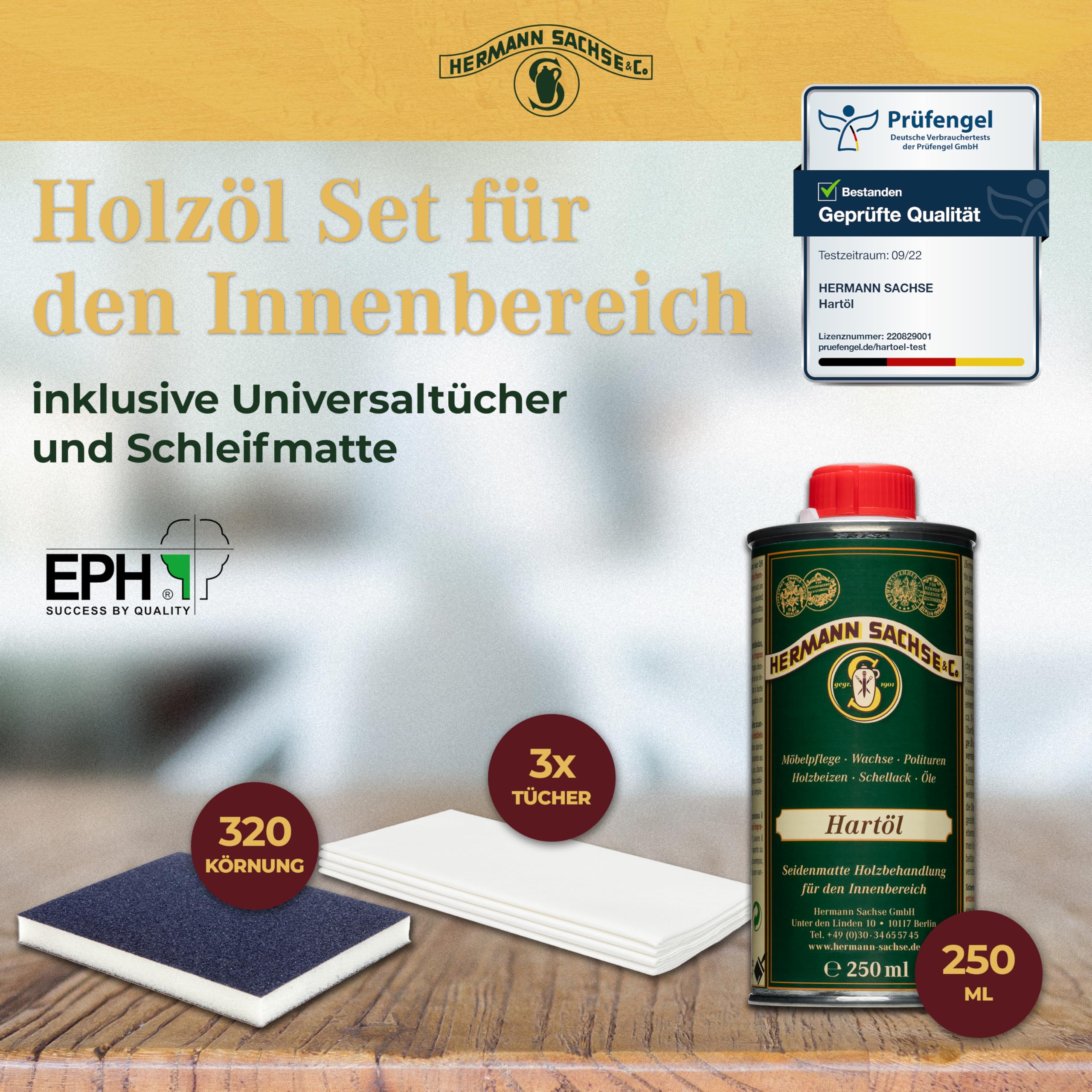 Olej twardy bezbarwny 250 ml – do drewna i mebli – ochrona we wnętrzach – z ściereczką i matą ścierną