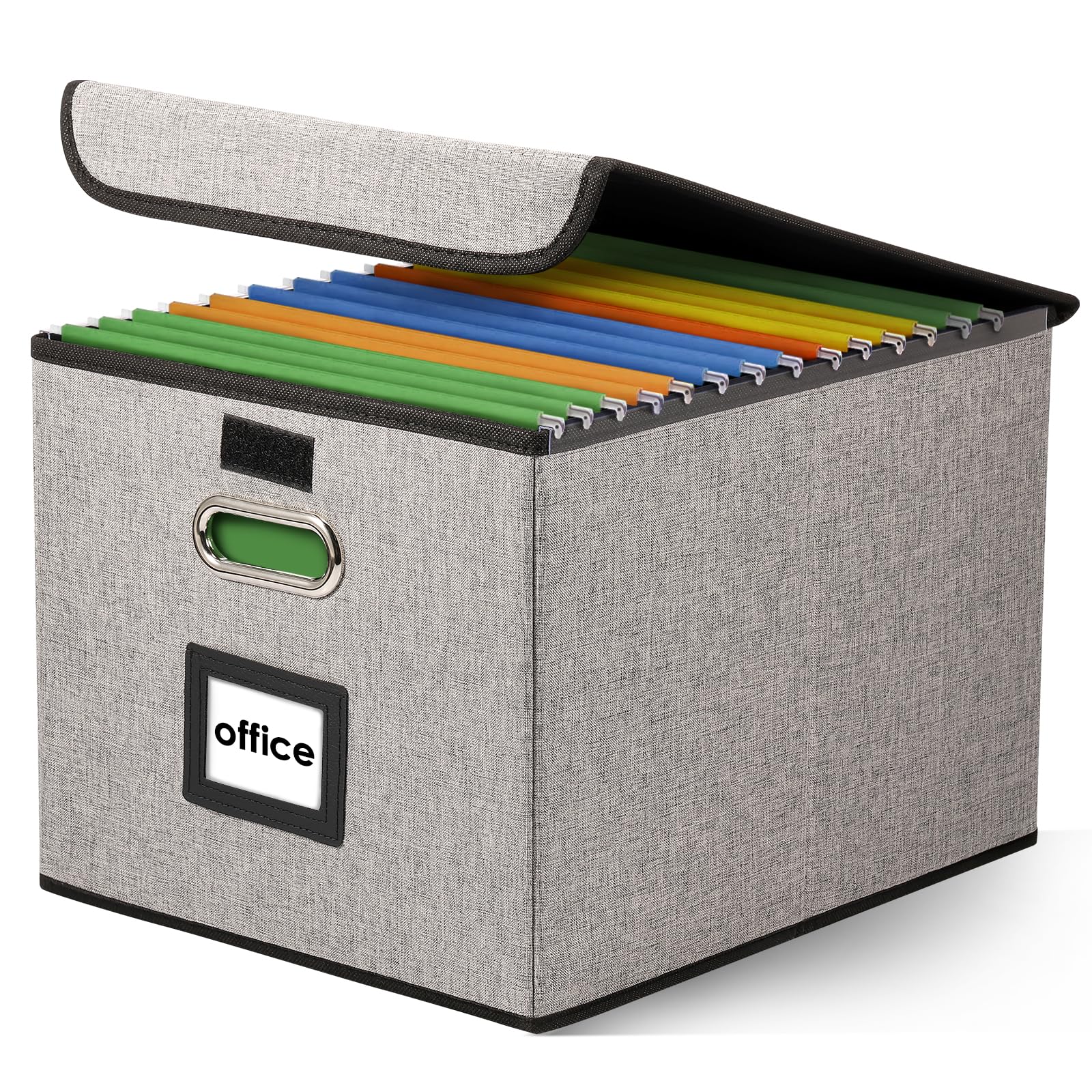 Upgraded Portable File Organizer Box with Lids, Foldable Linen Hanging Filing Storage Boxes with Tag Holder and Plastic Slide, Decorative Home/Office Filling System for File and Folders Storage(grey)