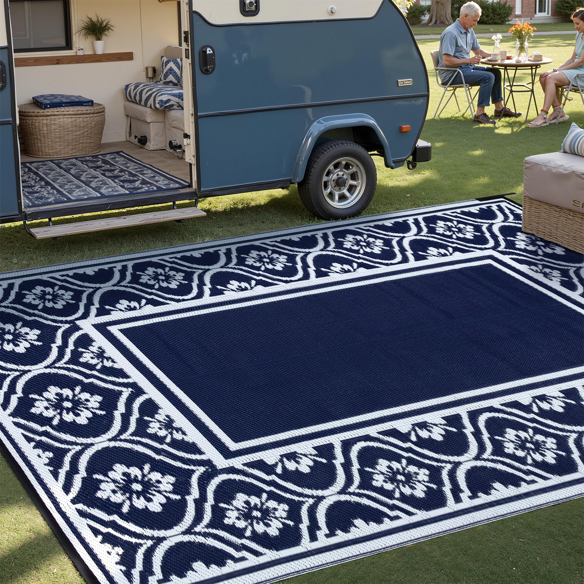 PureCozy Outdoor Rug 180x270cm,Large Reversible Waterproof Garden Rug,Washable Patio Carpet,UV Resistant,Plastic Straw Modern Outdoor Mat for Picnic,Backyard,Navy & White