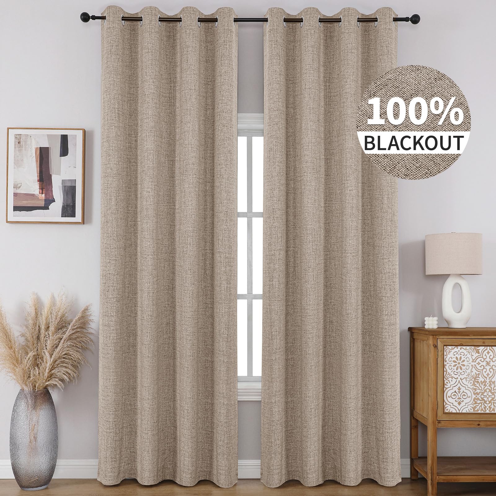 CUCRAF Yatak Odası Gürültü Azaltıcı için%100 Karartma Pencere Perdeleri, Oturma Odası için Isı Yalıtımlı Oda Karartma Gromet Perdeler, 2 Panel Seti (132 x 241 cm, Açık Haki)