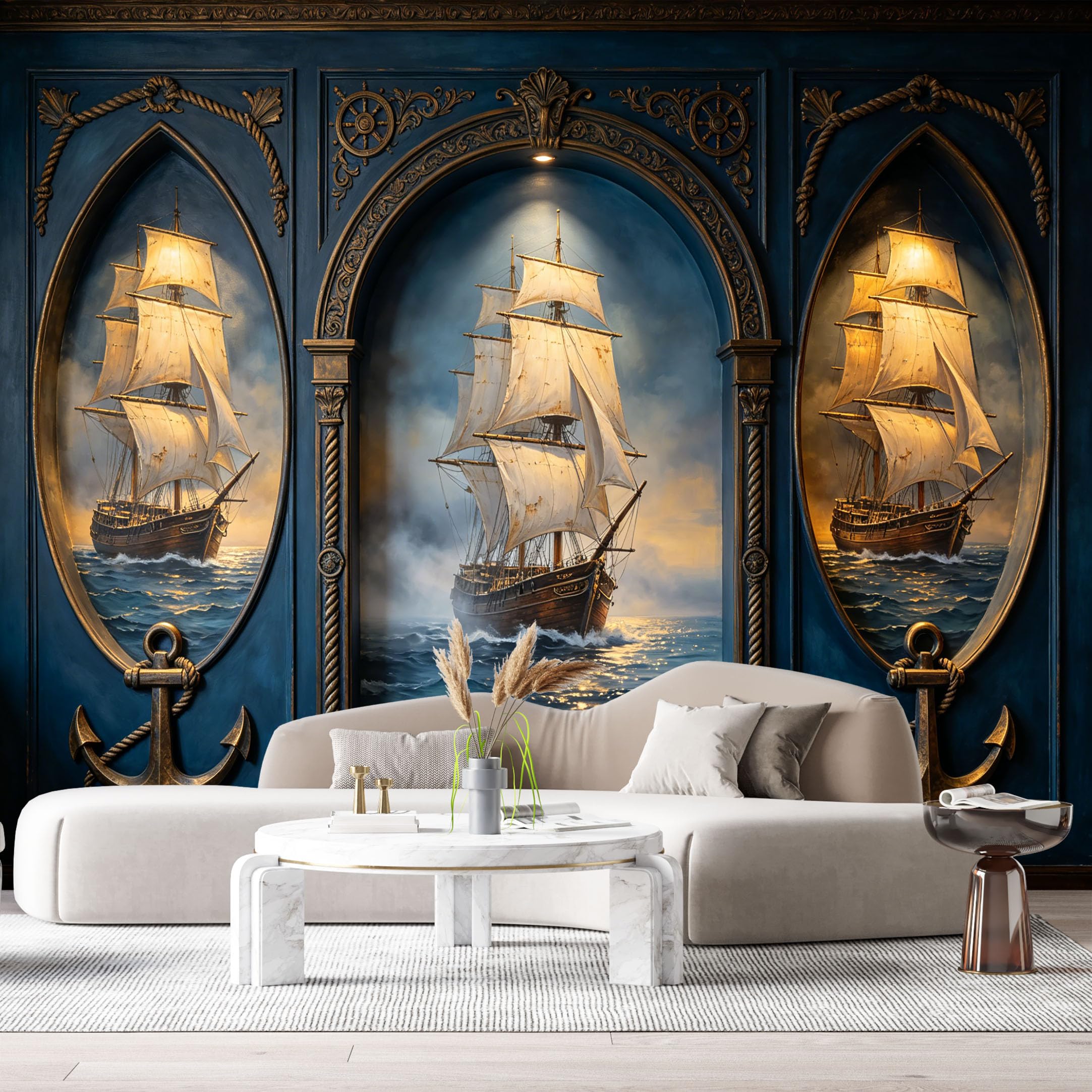 Custom Size Wall Murals Ocean Marine Oil Painting Sailing Ship 3D Trompe L'Oeil SelfAdhesiveWall Fabric Removable Wallpaper Wall Decor for Living Room Bedroom Bathroom