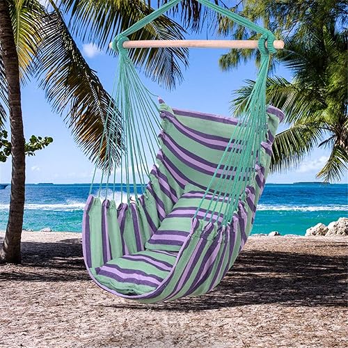 Silla hamaca colgante de cuerda con 2 almohadas, cómodo y duradero, asiento de columpio con diseño de rayas, para interiores, exteriores,