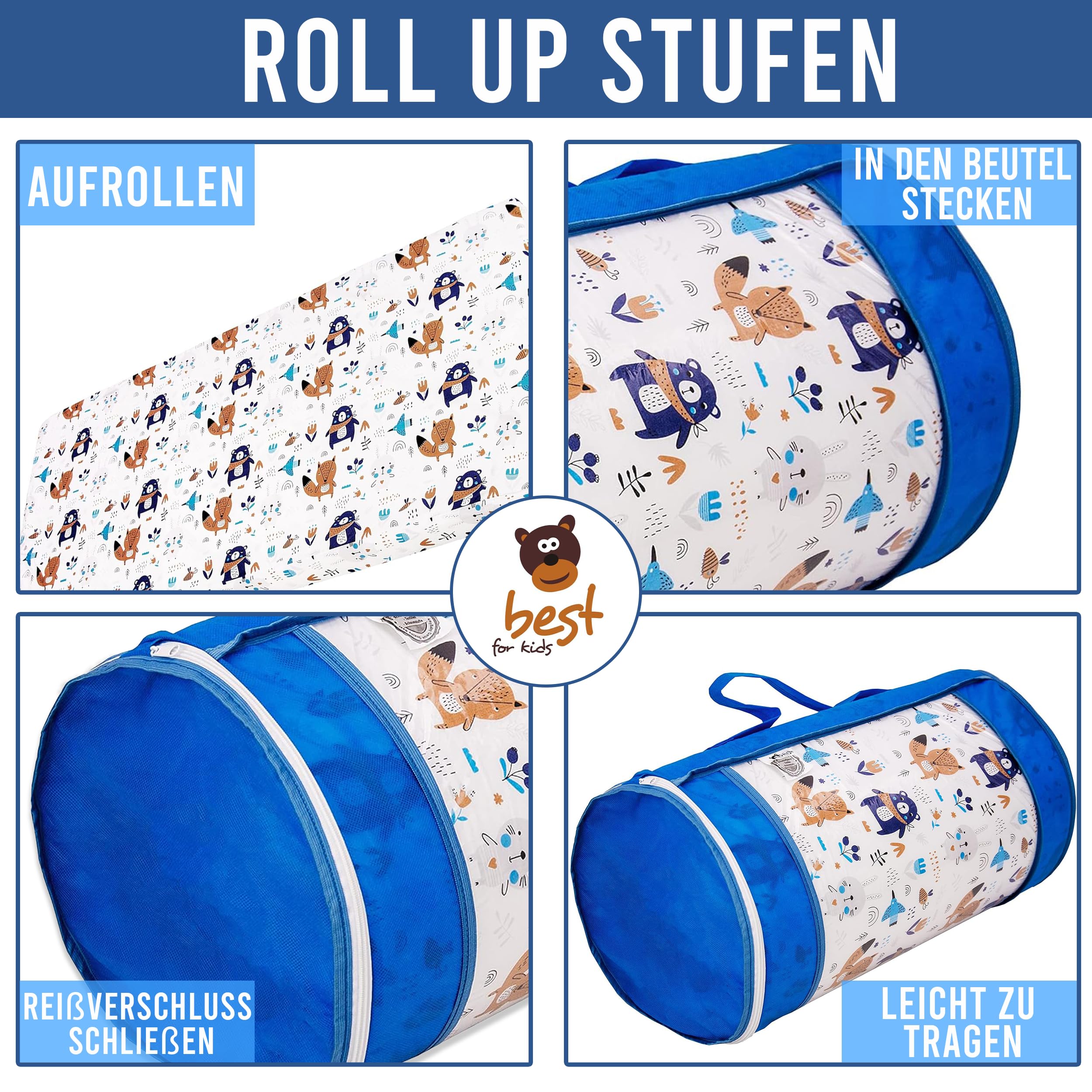 Matelas bébé 70x140 Parapluie Pliable avec Housse de Transport Bleue Housse en Coton Amovible et Lavable Design Enroulable Premium