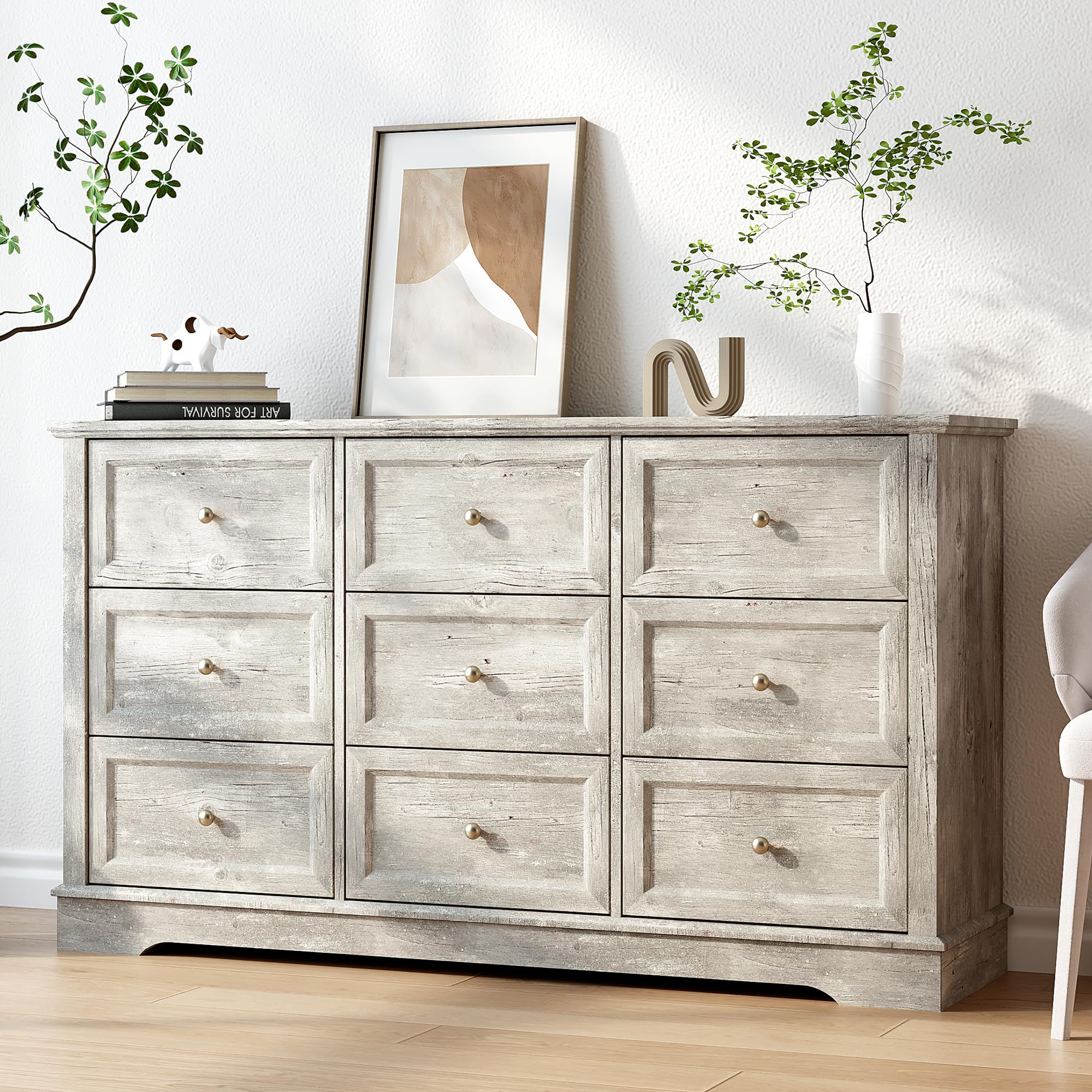 KIGOTY Farmhouse 9 Drawer Dresser for Bedroom, 53.2" Wide Chest of Drawers, Wooden Bedroom Dressers with Natural Texture,TV Stand, Storage Cabinet