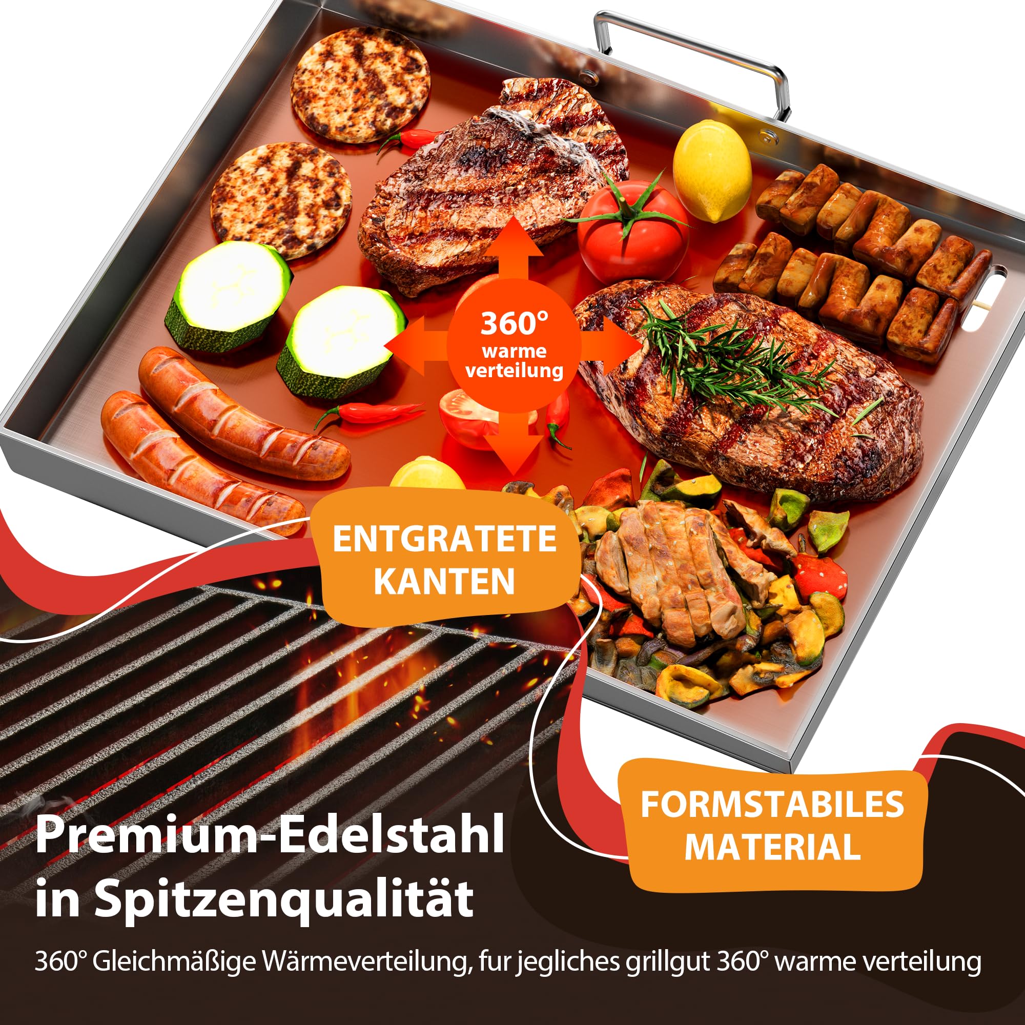 Plancha Grillplatte Edelstahl 40x30cm (4mm) für Gasgrill & Holzkohlegrill – Geschlossene Ecken, Fettablauf, Rostfrei – mit Tragebügel & 2 Spachtel – Camping & Garten