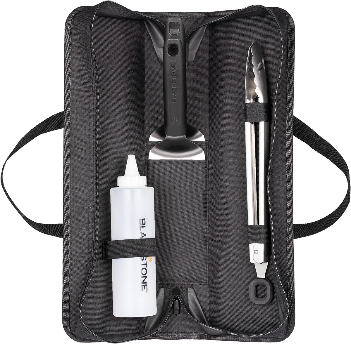 Blackstone 5481 Juego de herramientas para plancha de mesa de 5 piezas con bolsa de transporte | Utensilios para barbacoa con parrilla interior y exterior, 2 espátulas de acero inoxidable, 1 pinza clásica, botella exprimible de 16 onzas, 1 bolsa de transporte portátil