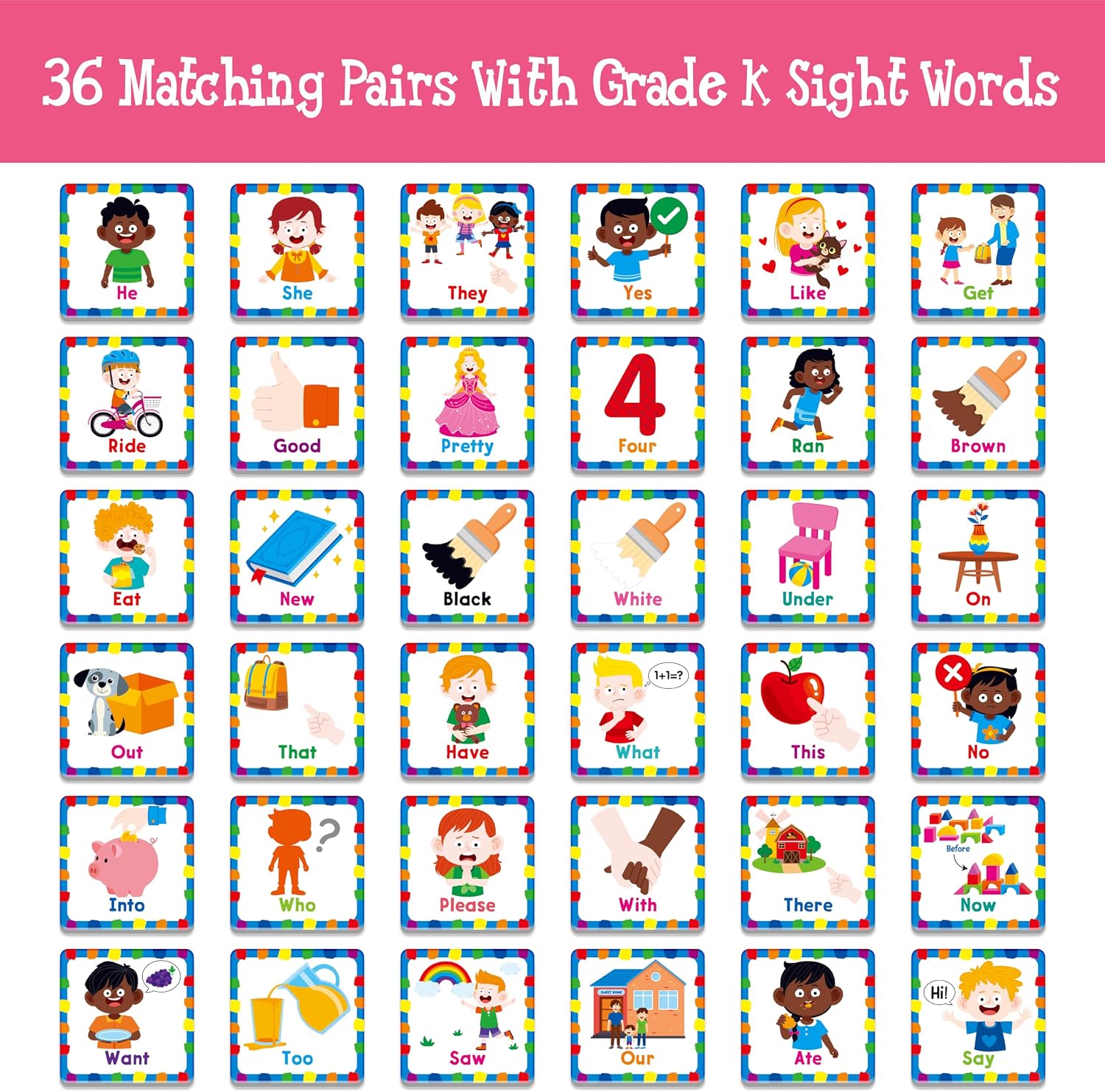 Hebayy Memory Matching Game, 72 PCS Grade K Sight Words Matching Cards for Kids, 36 Pairs Memory Cards, Educational Toy for Children to Learn Sight Words image 3