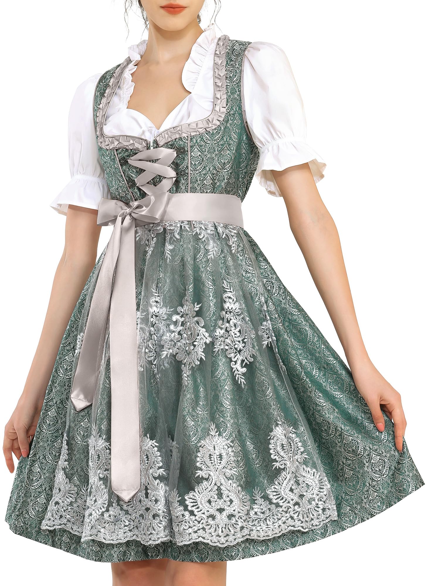 KOSMEEU Dirndl Damen Midi Trachtenkleid Oktoberfest Trachtenmode Trachten Trachtenrock Germandress inkl. Dirndl Dirndlschürze Dirndlbluse Blau Grün Apricot