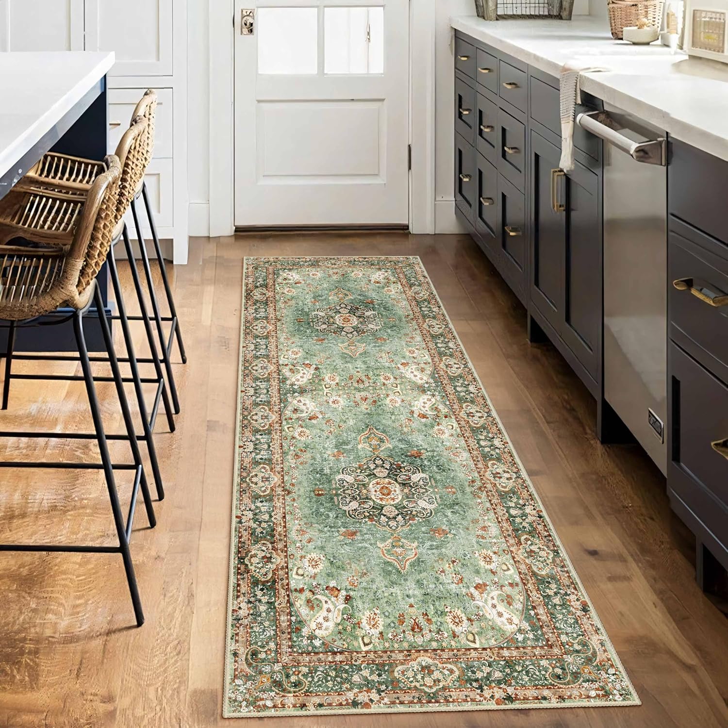 Green Floral 2' x 6' Washable Non-Slip Runner Rug