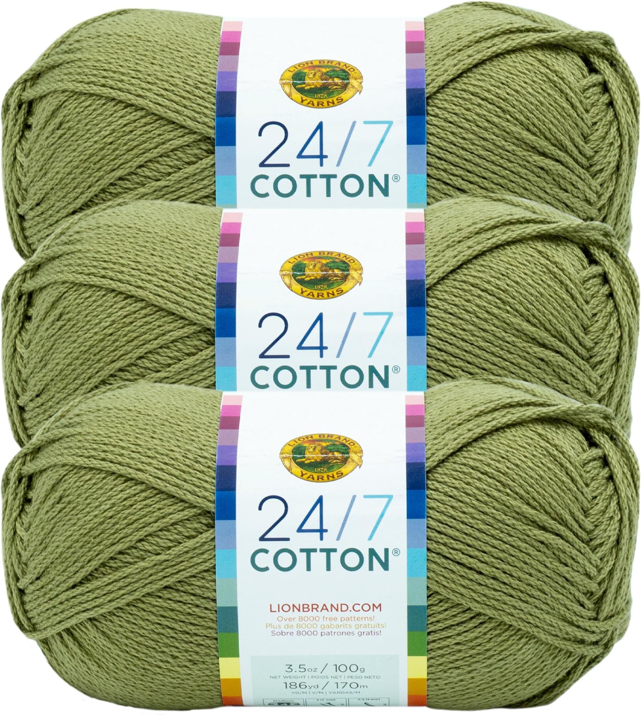 Lion Brand Yarn 24/7 Cotton , for Knitting, Crocheting, and Crafts, Bay Leaf, 3 Pack