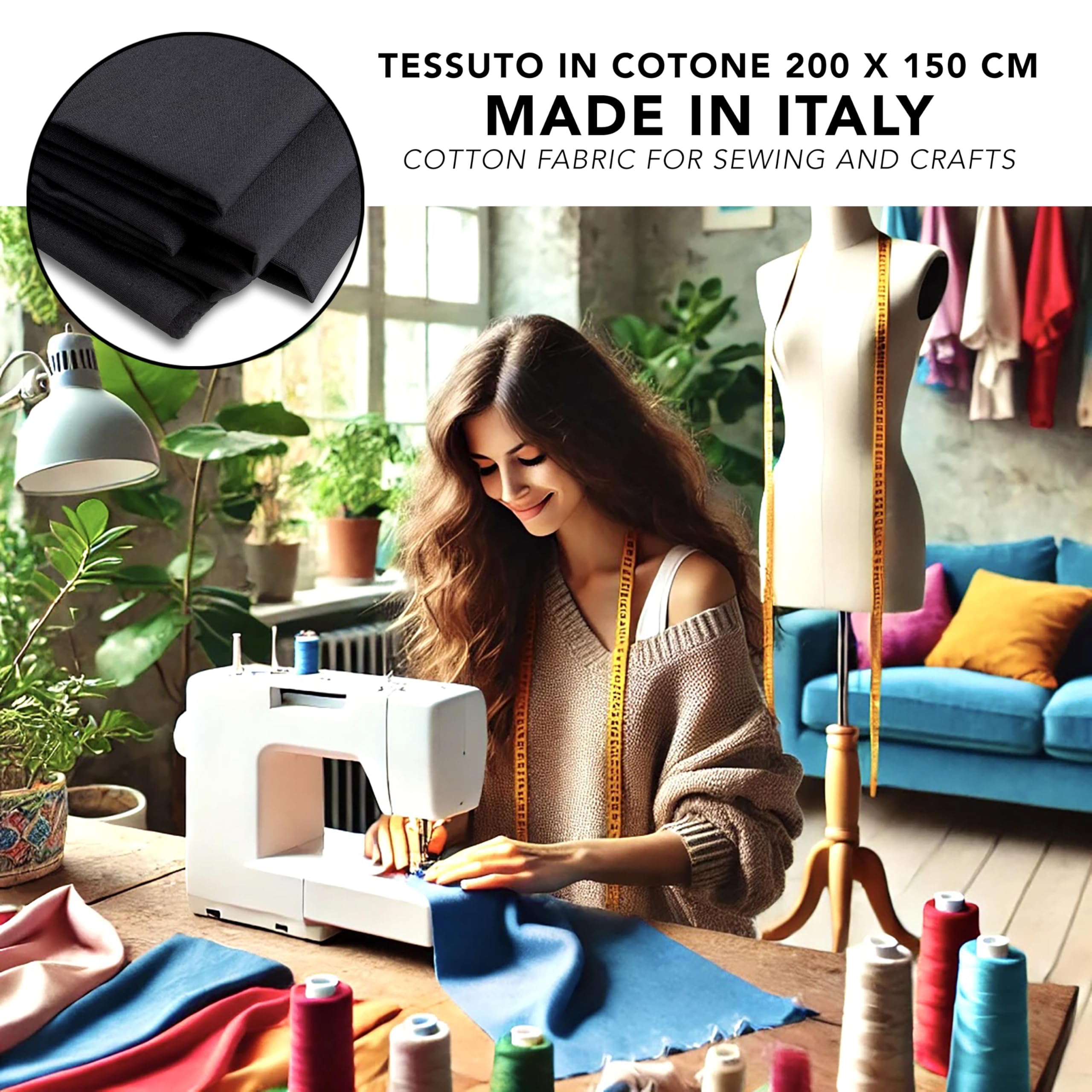 IPEA Tessuto in Cotone Popeline Nero - 200 cm x 150 cm - Made in Italy - Tessuto al Metro per Cucito, Abbigliamento, Fodere, Arredamento, Accessori, Patchwork, Stoffa Tinta Unita per Cucire