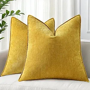 decorUhome Fall Couch Throw Pillow Covers 26x26 Set of 2, Decorative Soft Euro Neutral Chenille Pillow Covers with Elegant Design for Sofa Bed Living Room Home Decor, Mineral Yellow