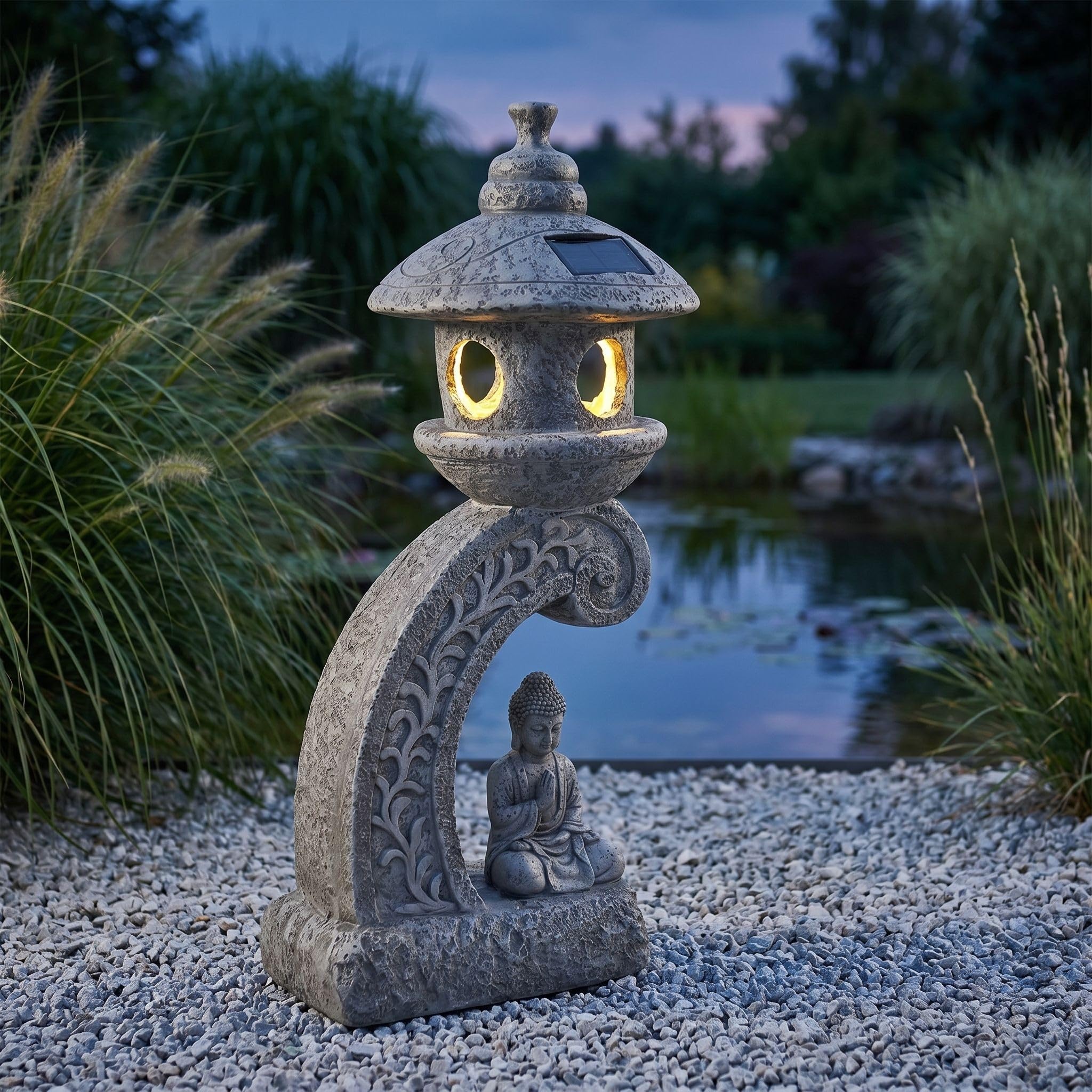 Arnusa Lampe solaire de jardin pagode 60 cm - Lampe de jardin LED aspect pierre avec Bouddha - Blanc chaud - Lanterne solaire pour jardin, terrasse et étang