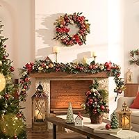 Vista 2 de Valery Madelyn Guirnalda de Navidad preiluminada de 9 pies con luces para manto, guirnalda de Navidad iluminada al aire libre con bolas de oro rojo