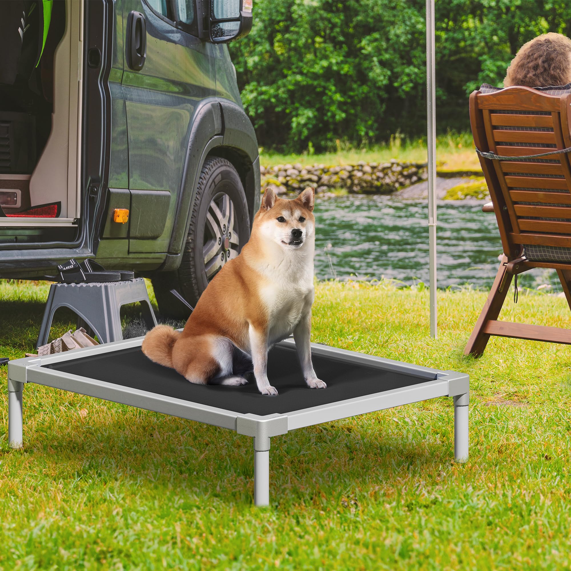 YITAHOME 42 Inch Cooling Elevated Dog Bed, Sturdy Dog Bed with Aluminum Frame, Breathable Textilene Mesh, Enclosed Edges, Non-Slip Feet, Chew Proof Raised Pet Cot for Indoors & Outdoors, Black