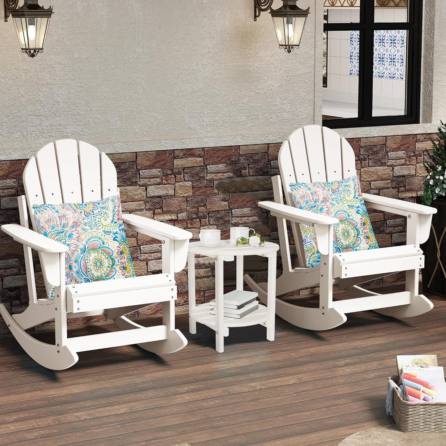 Sundale Outdoor Rocking Chair Set of 2 with Pillow, Patio Plastic All Weather Adirondack Rocker for Proch, Water Resistant for Outside, Garden, Pool, Yard, White