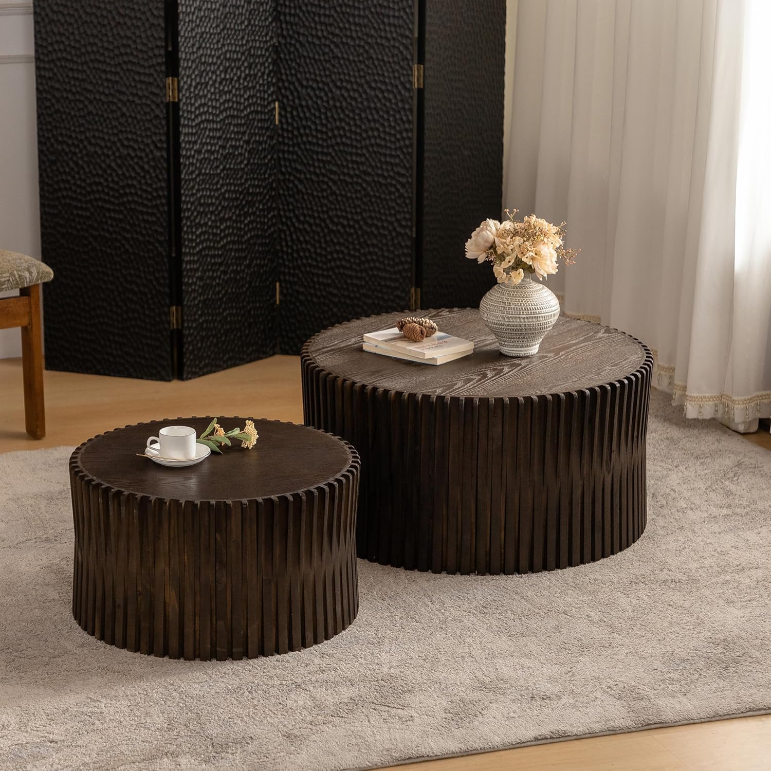 Nesting Coffee Table Set of 2, Vertical Stripe Design Wood Drum Coffee Table, End Table, Round Side Table for Living Room, Bedroom, Dark Brown