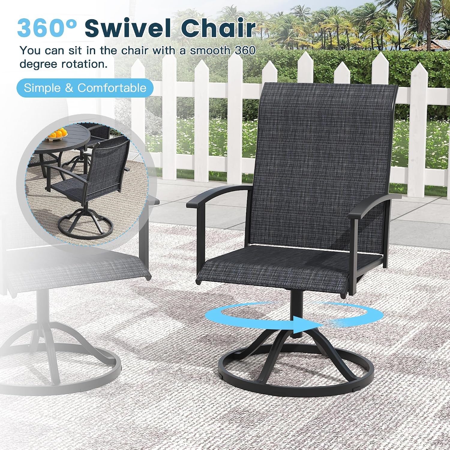 9 Pieces Outdoor Patio Dining Table Set, 63" All Weather Round Metal Table with Umbrella Hole and 8 High Back Textilene Swivel Chairs for Garden, Lawn, Poolside, Black