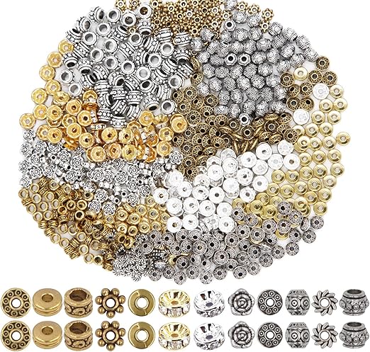 EuTengHao 600pcs Spacer Beads Jewelry Bead Charm Spacers Alloy Spacer Beads for Jewelry Making DIY Bracelets Necklace and Crafting (12 Styles,Silver and Gold)