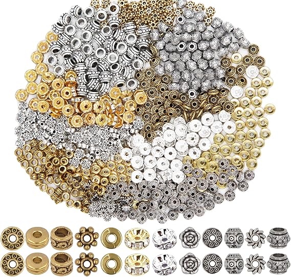 EuTengHao 600pcs Spacer Beads Jewelry Bead Charm Spacers Alloy Spacer Beads for Jewelry Making DIY Bracelets Necklace and Crafting (12 Styles,Silver and Gold)