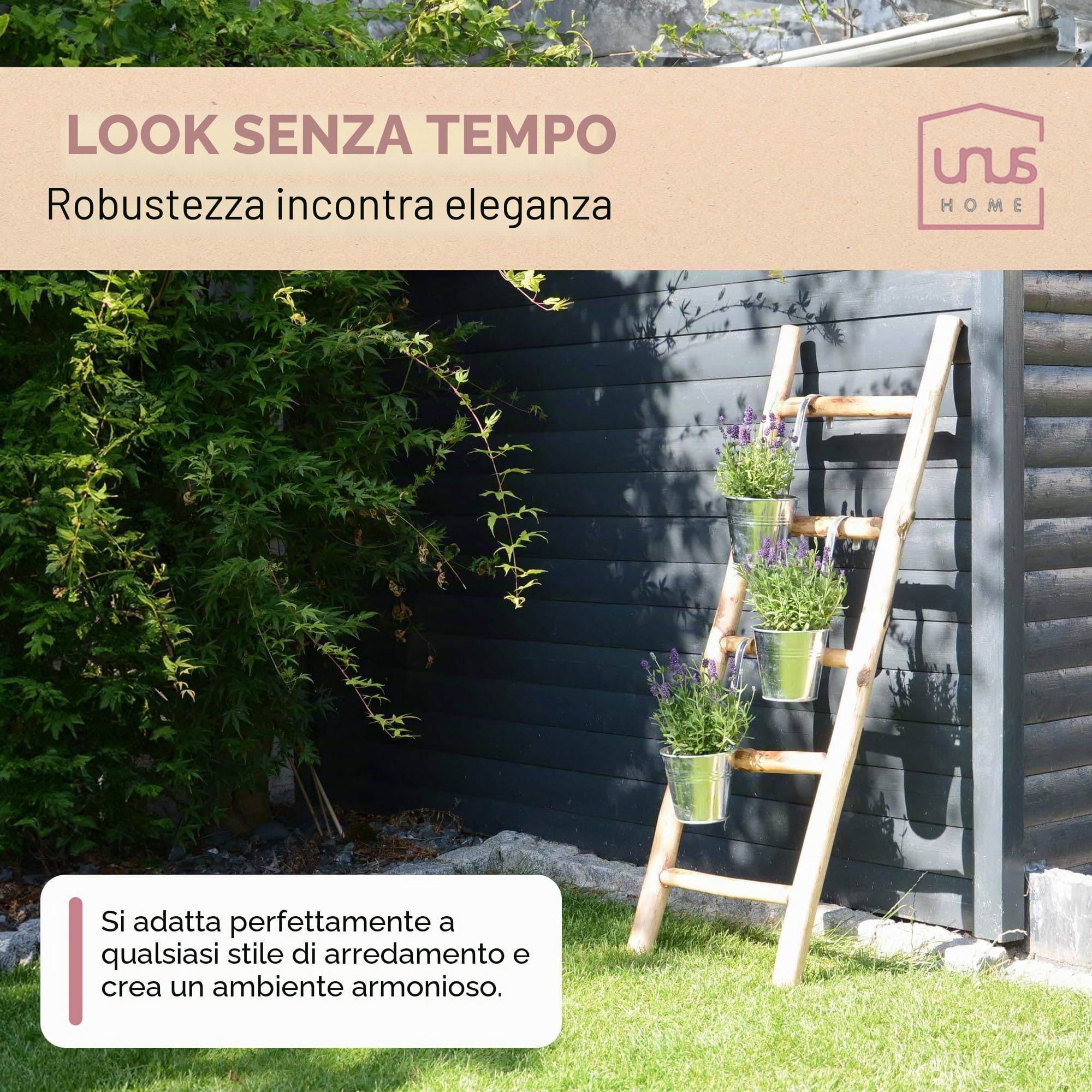 UNUS Scala decorativa in legno, decorazione da parete, portasciugamani 120 cm, 5 gradini, stile antico