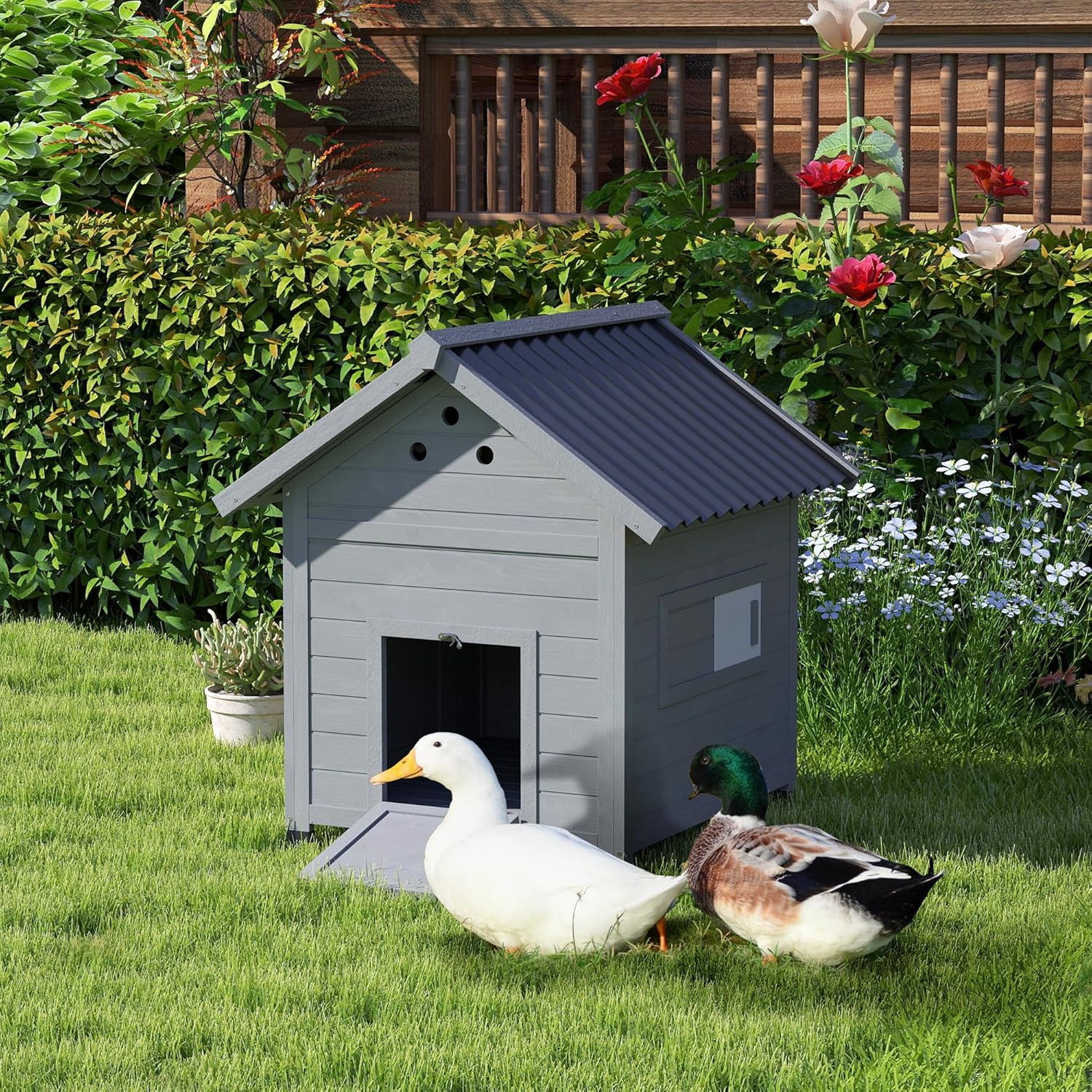 PawHut Duck Coop, Wooden Duck House, Outdoor Small Animal House with Openable Roof, Double Doors, Removable Base for 1-3 Ducks, Chickens, Rabbits, Cats, Light Gray