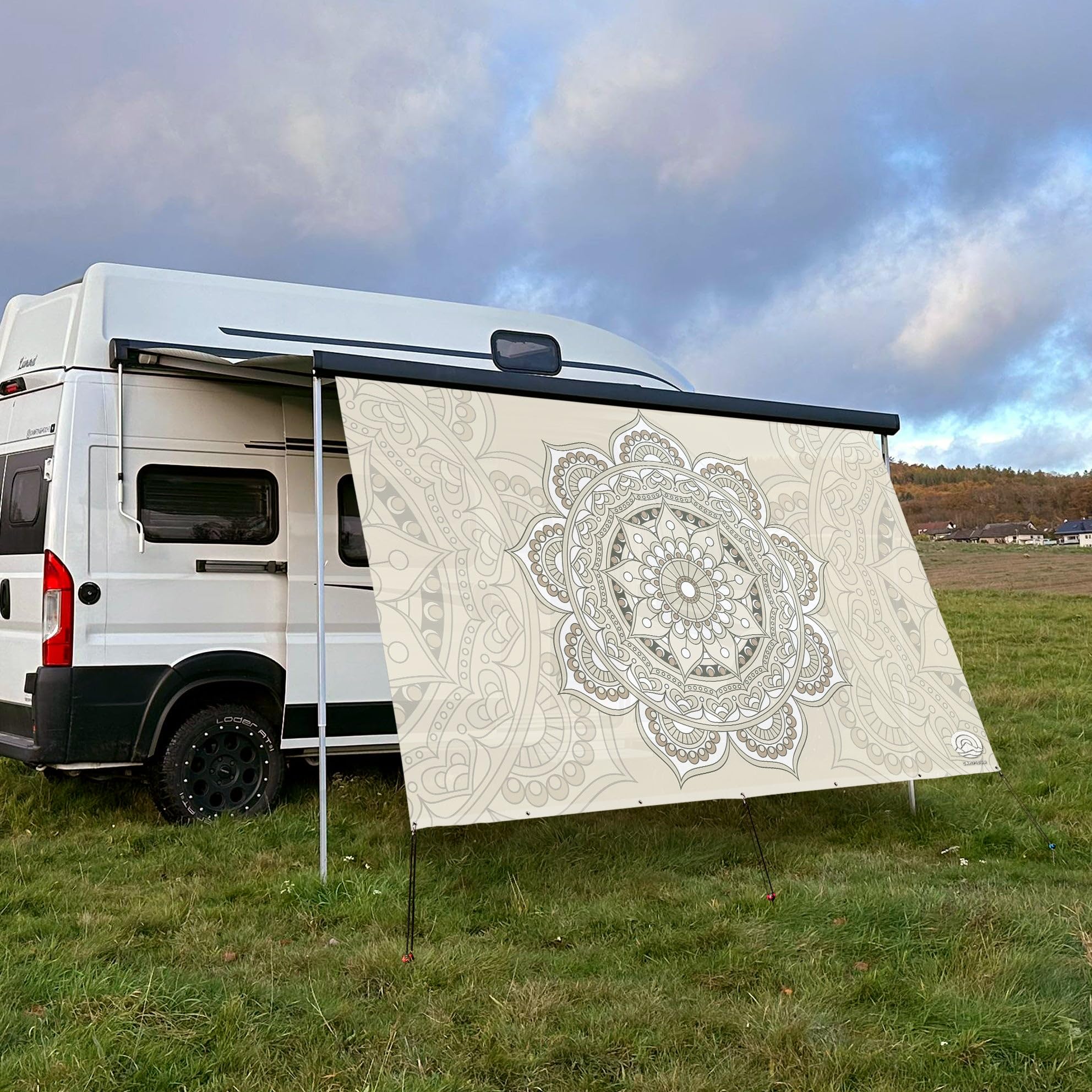 Textil Sonnensegel Mandala Beige | Höhe 200cm | hochwertiger Fotodruck inkl. Keder-Befestigung | Markisen-Vorderwand - Länge/Keder: 350cm / 5 mm Keder
