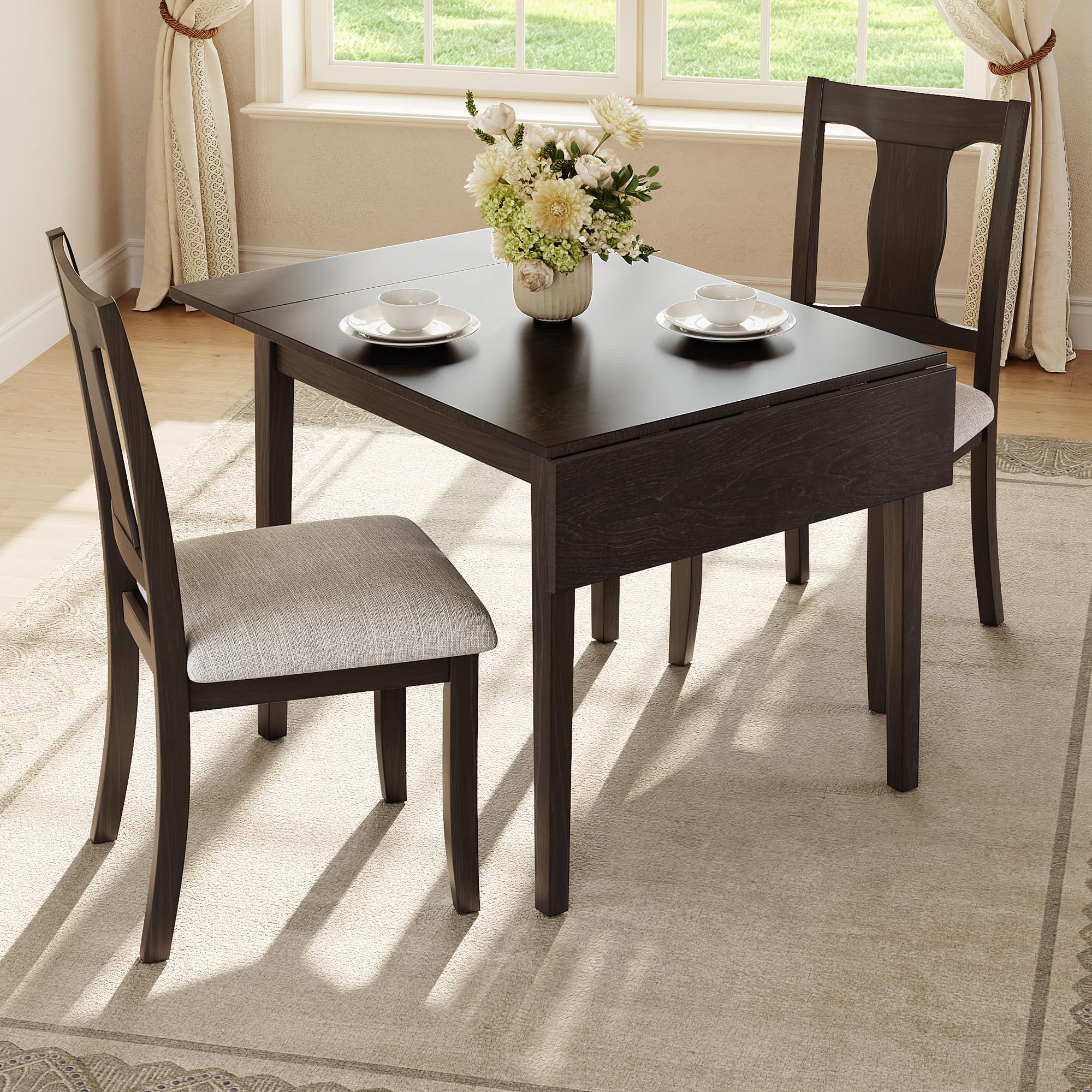 P PURLOVE Espresso and Beige Drop Leaf Wood Dining Set