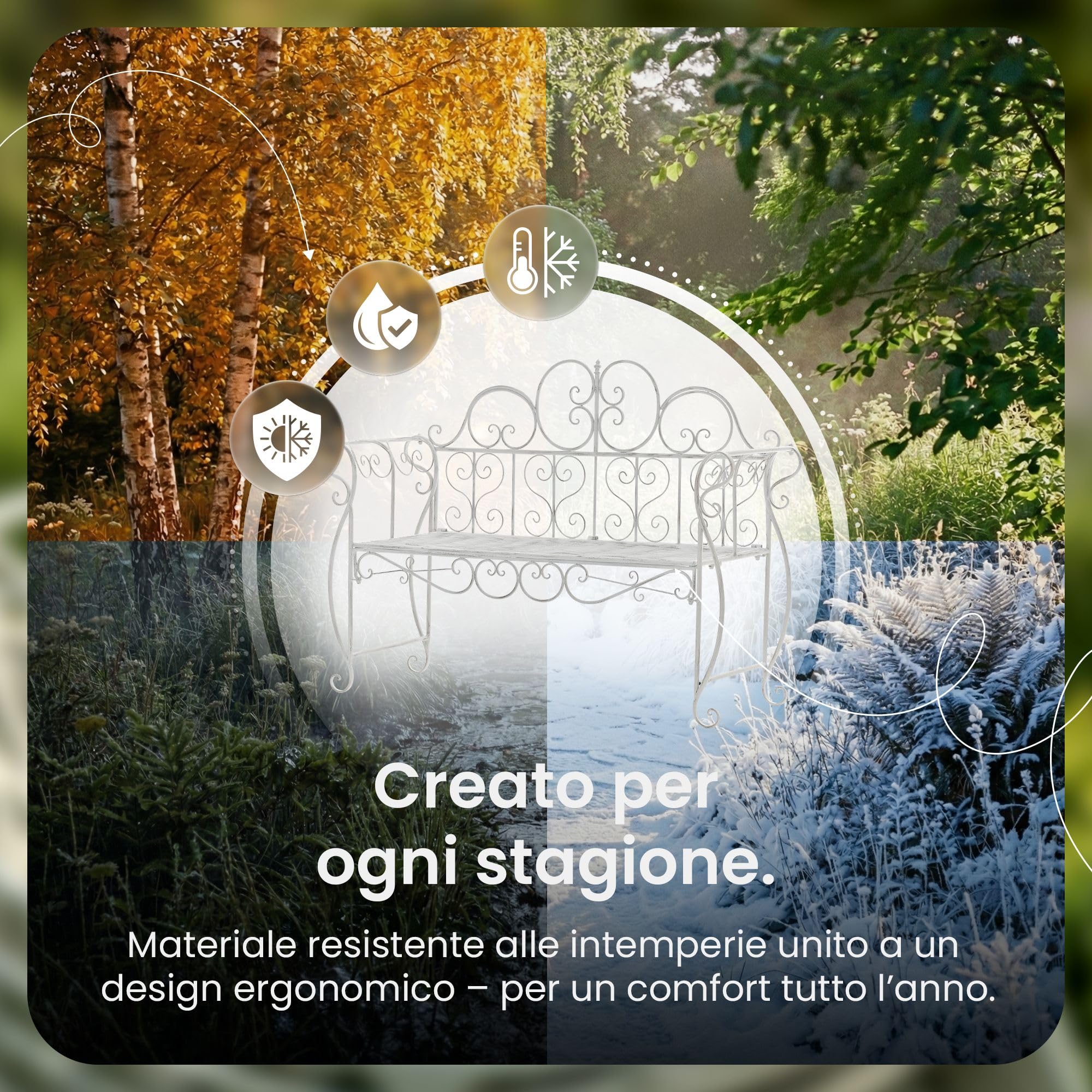 CLP Panchina da Giardino Minna, panchina in Metallo Stile Liberty Romantico con braccioli, Giardino, terrazza e Balcone, Portata 180 kg, Colore:Antico Bianco