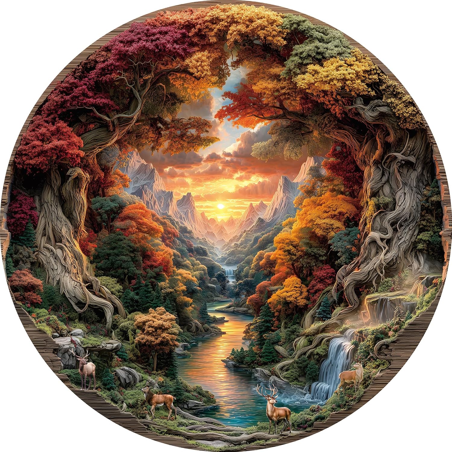 3D Visual Art Puzzles for Adults 1000 Pieces, Cave Sunset Deer Waterfall Nature Unique Hard 1000 Pieces Jigsaw Puzzles for Adults, 1000 Pieces Round Puzzle for Adults