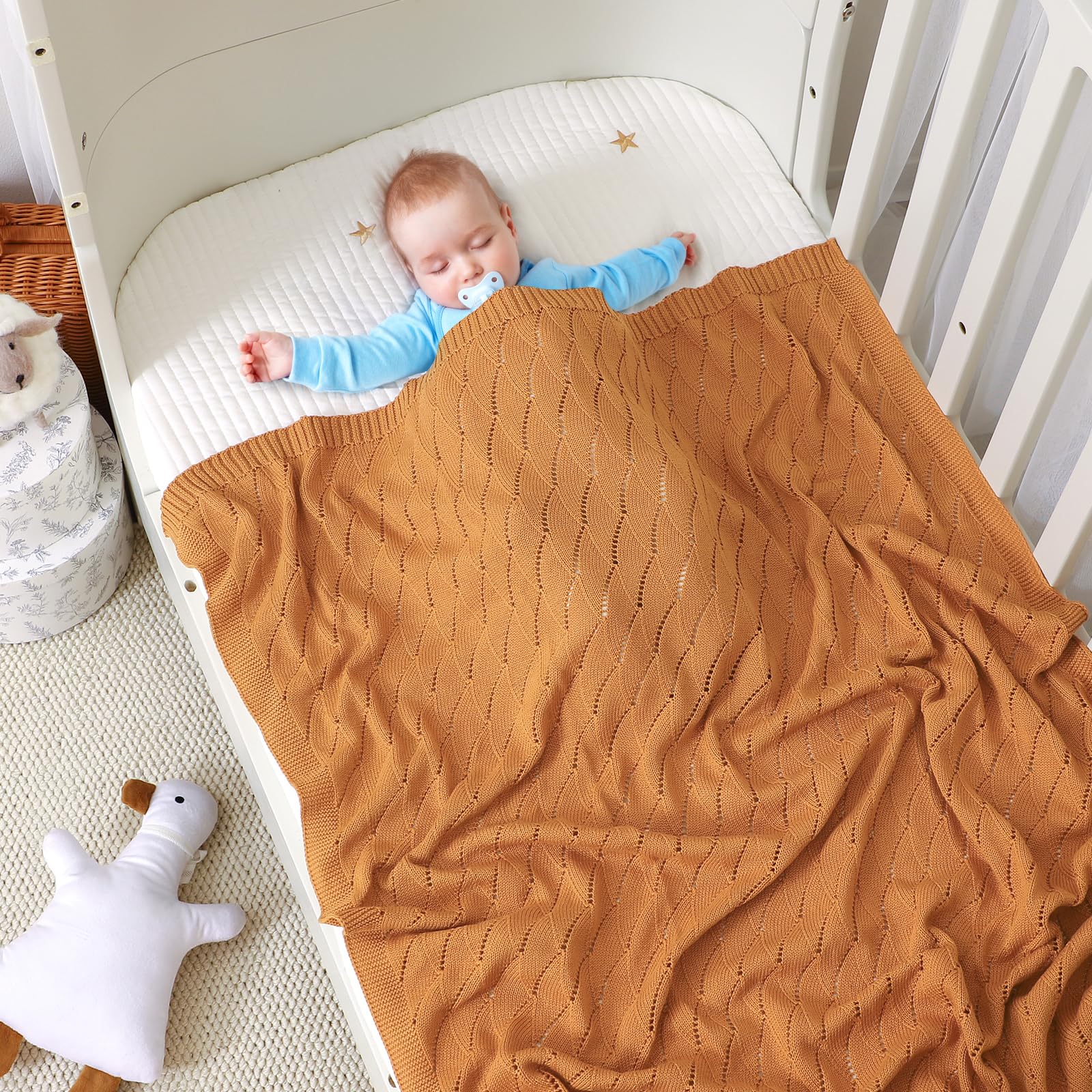 mimixiong Cotton Knit Baby Blanket Soft Crochet Cellular Blanket Baby Gifts for Newborn Boys Girls,100 x 80 cm (Coffee) - Image 4
