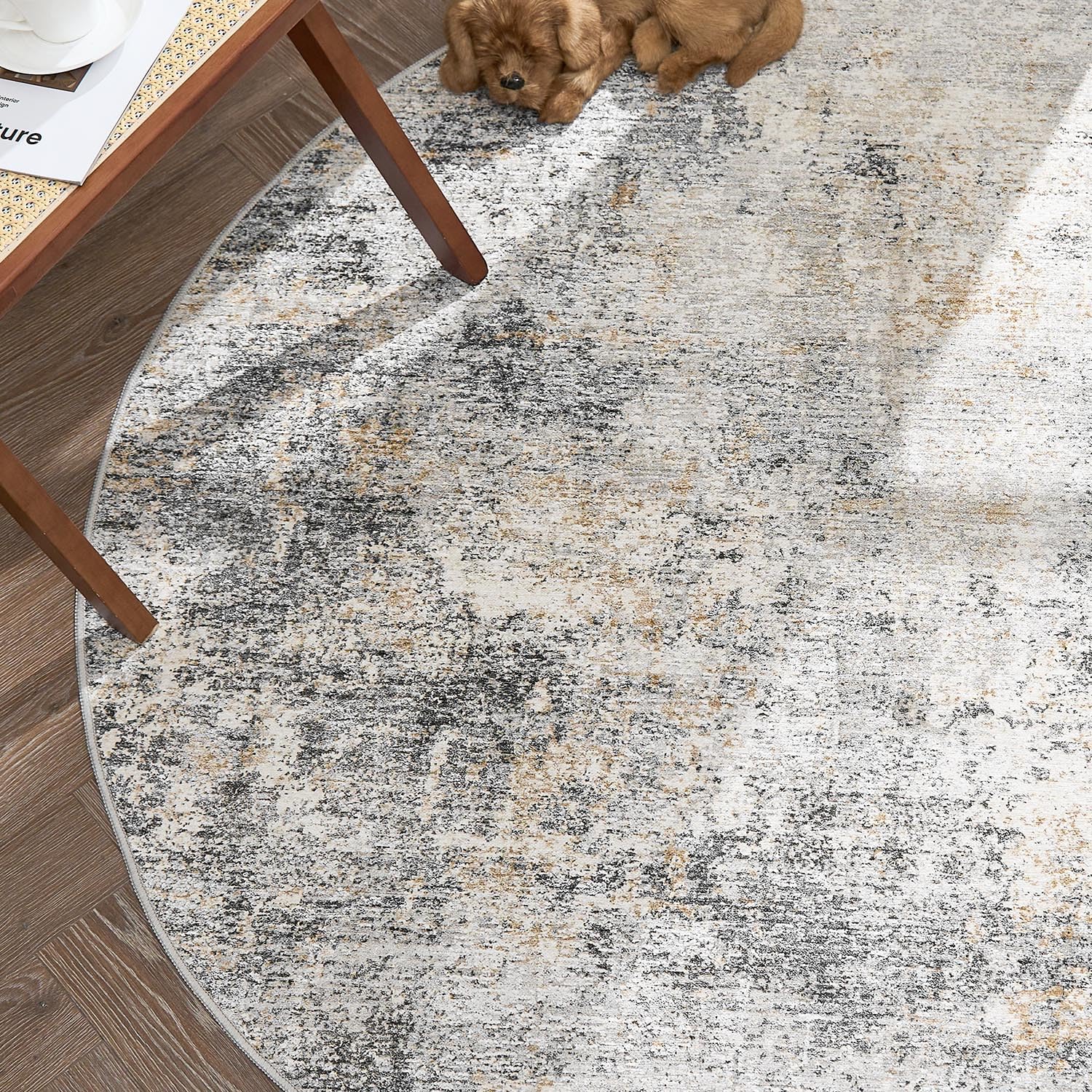 jinchan Round Rug 6ft Modern Area Rug 6' Round Circle Mat Washable Abstract Distressed Floor Cover Grey Multi Contemporary Non-Slip Overdyed Thin