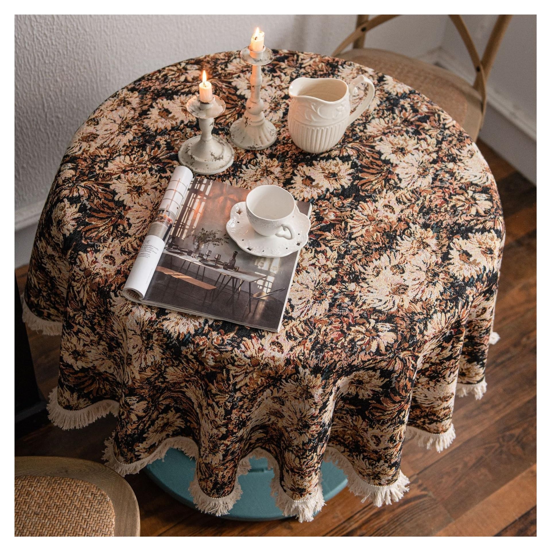 DYYEUAVT Coffee Oil Painting Tassel Jacquard Round Tablecloth