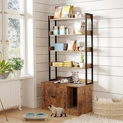 Miniatura 2 de IRONCK Caja de arena con 4 estantes y puertas, caja de arena grande de madera para gatos, muebles ocultos con almacenamiento y arañazos, se adapta a