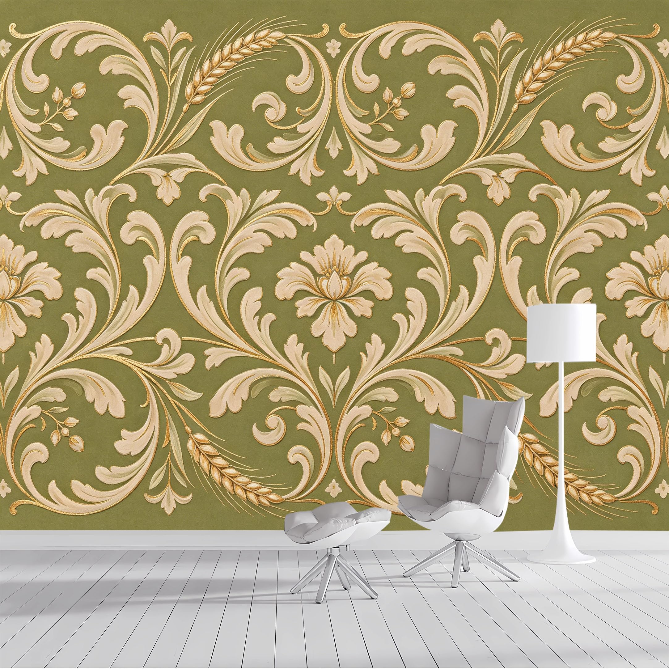Custom Size Wall Mural Wheat Flourish European Classic Baroque Scrollwork Gold Accent SelfAdhesive Wall Fabric Removable Peel and Stick Wallpaper Wall Decor for Living Room Bedroom Bathroom