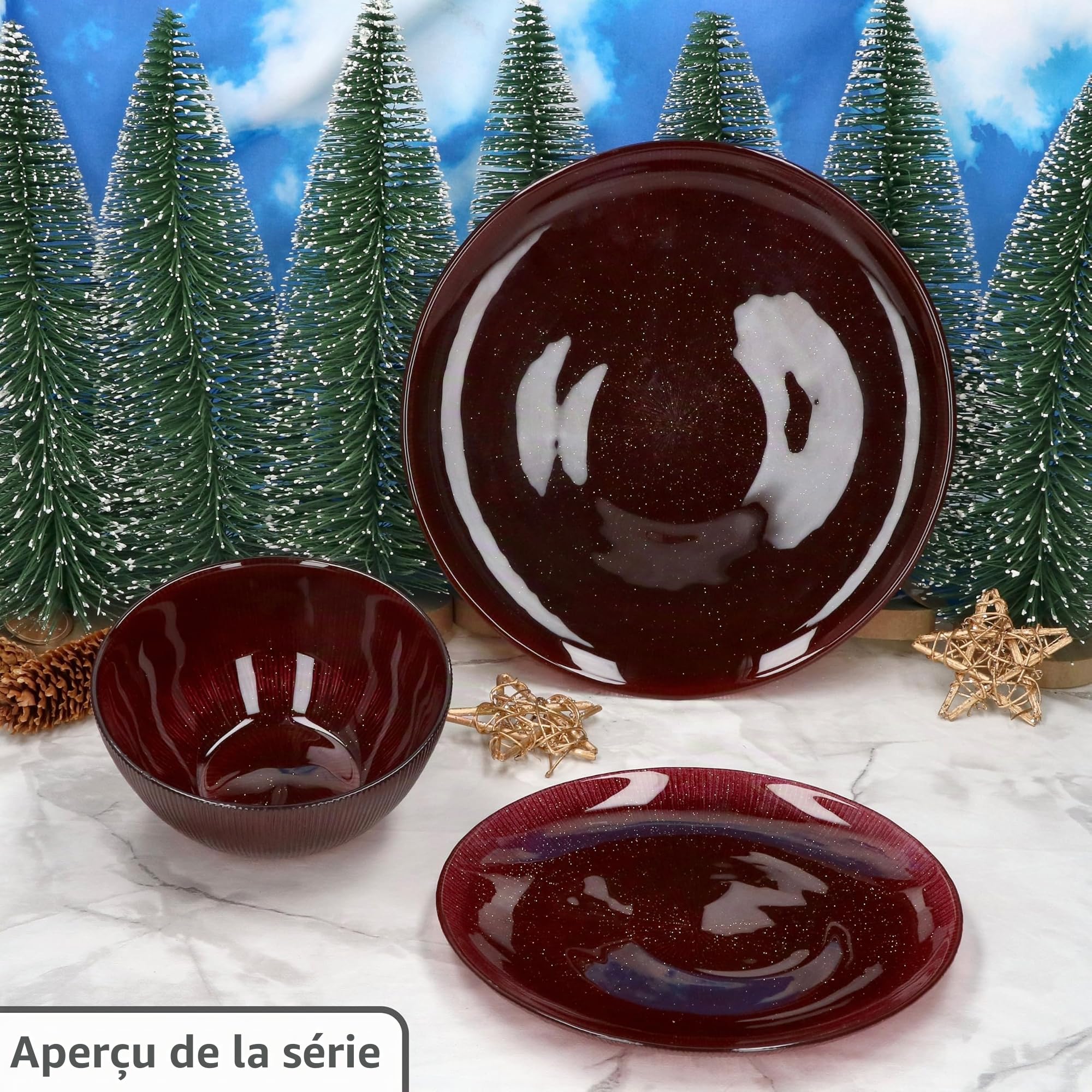 MamboCat Suez - Lot de 6 assiettes plates - Diamètre : 27 cm - Rouge foncé - En verre avec relief et effet scintillant - Pour 6 personnes - Pour repas principal, apéritif - Vaisselle de Noël