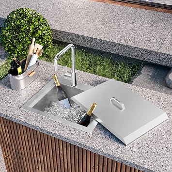Outdoor Sink, TECASA 21 x 18 Inch Drop-in Workstation Kitchen Sink with Dust Lid and Faucet, T304 Stainless Steel Single Bowl Bar Basin with Cutting Board for Garage, RV, BBQ & Gardening
